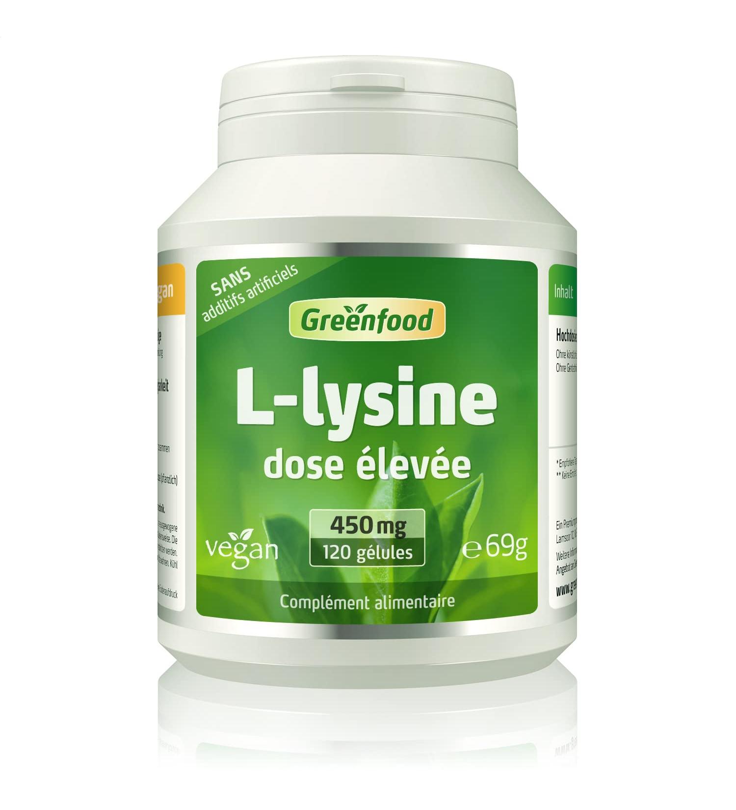 Greenfood L-Lysine 450 mg high dose 120 capsules vegan - amino acid NO artificial additives no genetically modified organisms. - Buy Online on GoSupps.com