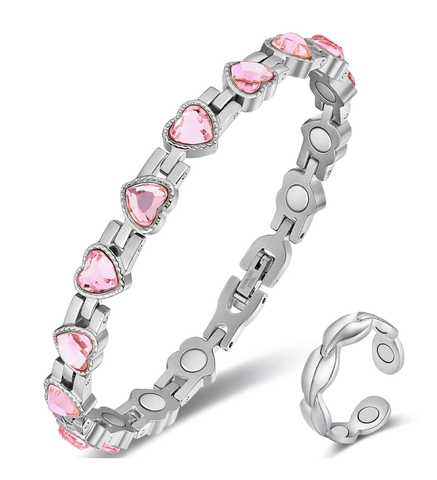 Vicmag Lymphatic Drainage Magnetic Bracelet for Women - Titanium Steel, Ultra Strength, Adjustable, Pink Heart Crystal - Gift Box Included - Buy Online on GoSupps.com