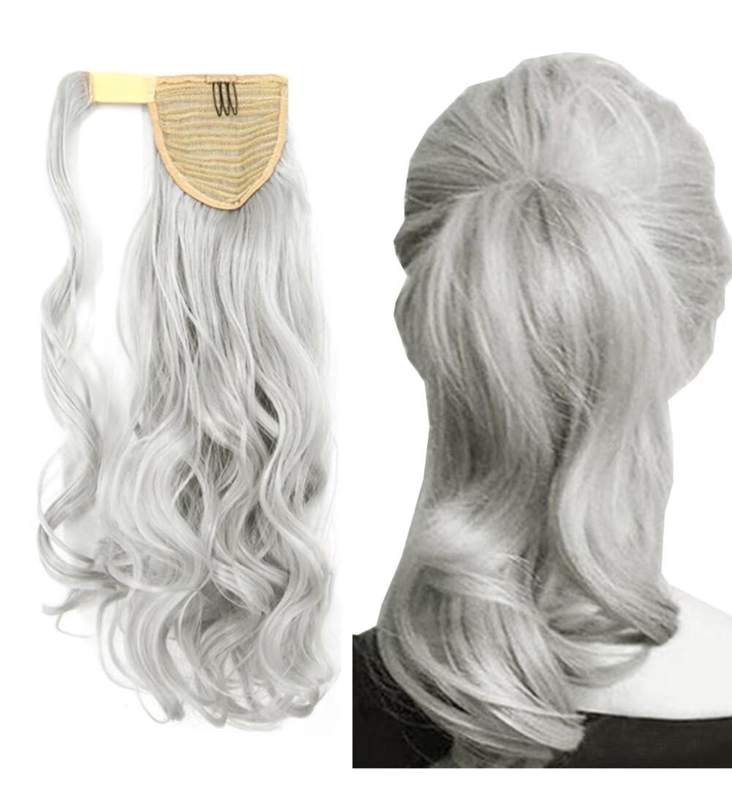 Silver Clip In Ponytail Hair Extension - iLUU Wrap Around Synthetic Pony Tail Long Curly Wavy Hairpiece Hair Piece Ponytails Hair Extensions for Women Lady Girl Party(Silver Color 18" 100g) - Buy Online on GoSupps.com