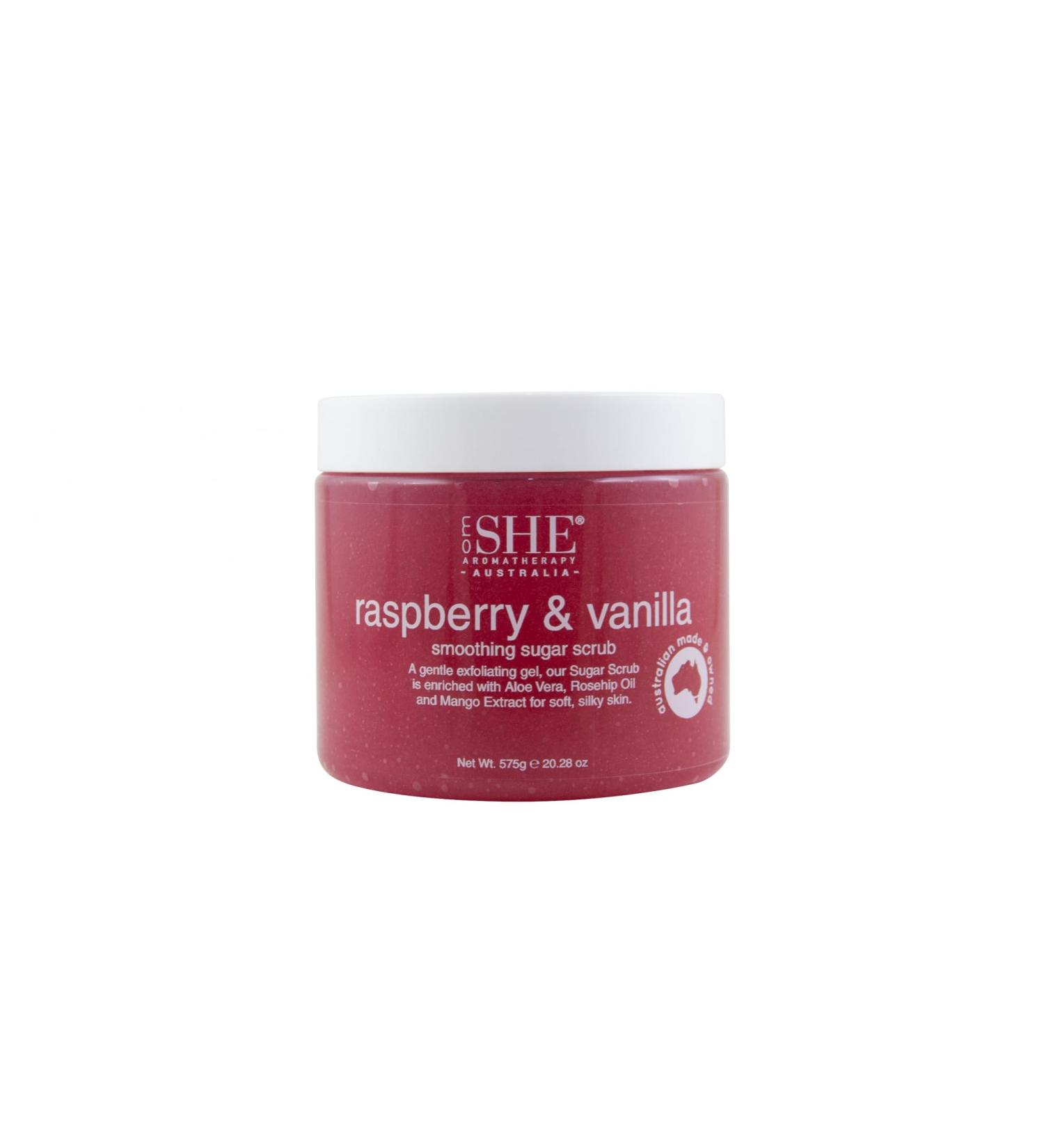 Om She Aromatherapy Raspberry & Vanilla Sugar Scrub 20.28oz - Exfoliating Body Scrub Natural Sugar Micro Bead Free Rosehip Oil. Australian made.