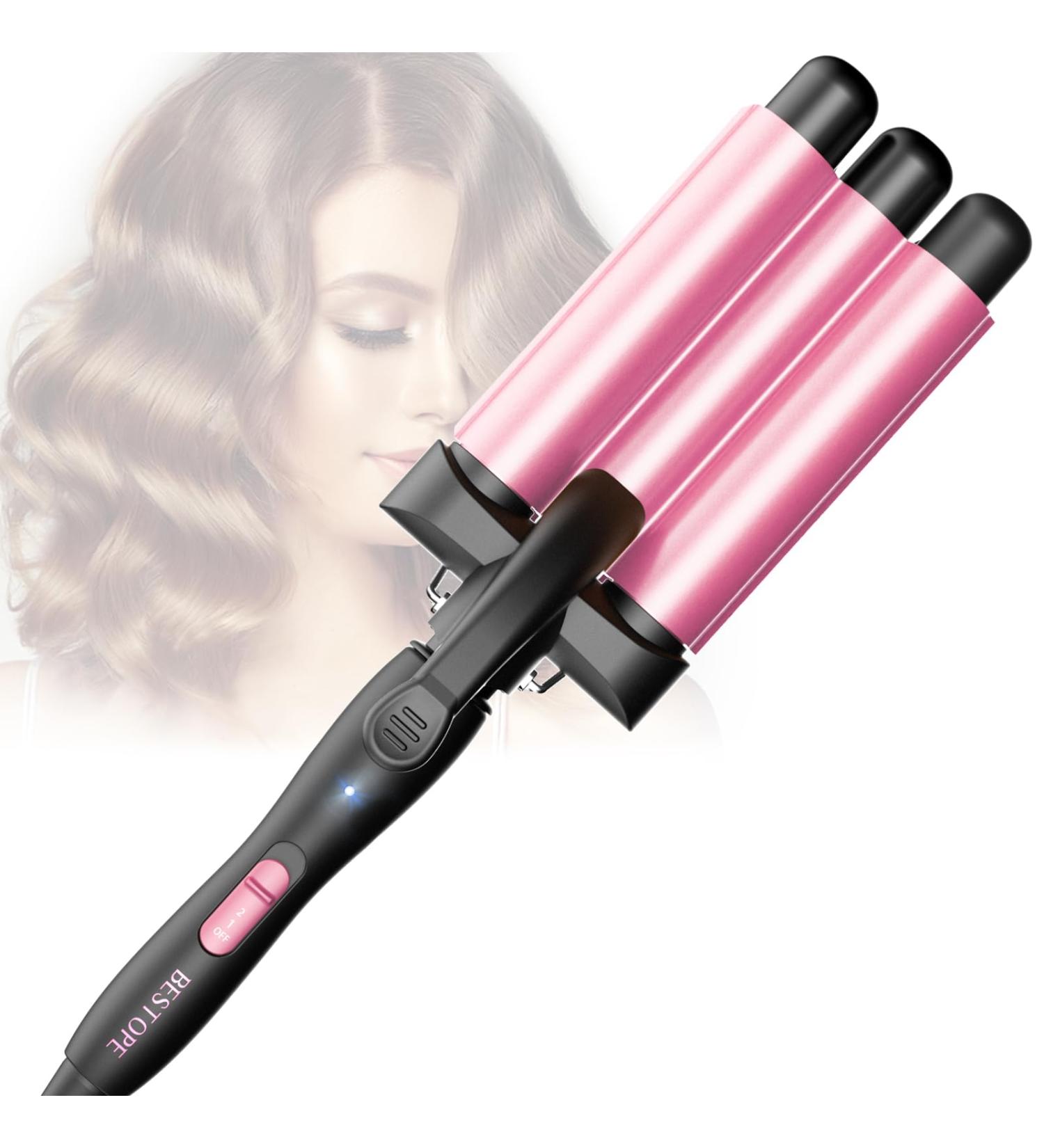 3-Barrel Curling Iron for Beach Waves - Adjustable Fast Heating Wave Iron for Long & Short Hair - Pink - Buy Online on GoSupps.com
