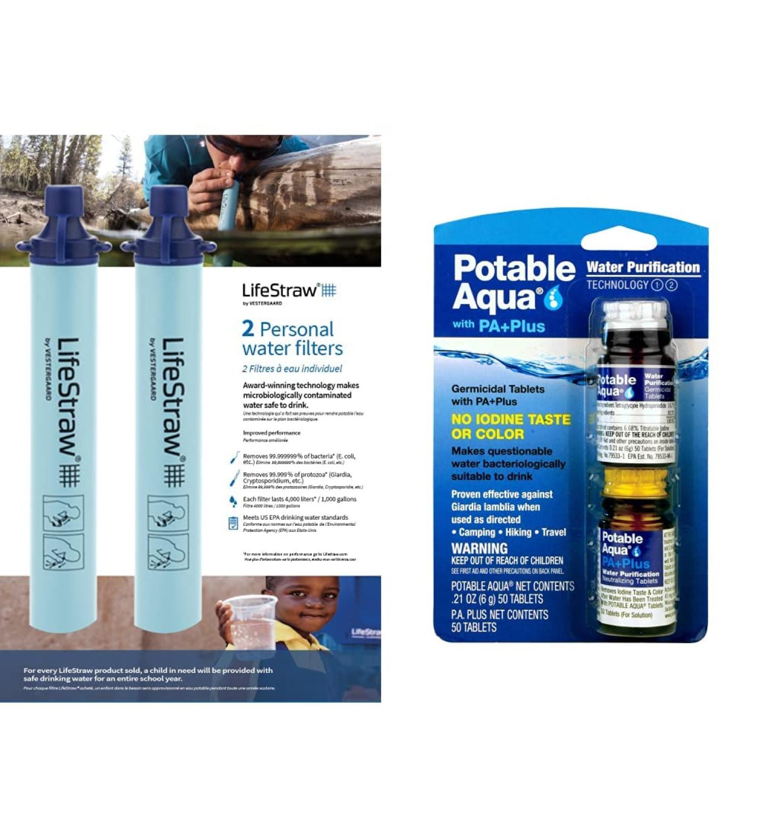 LifeStraw Personal Water Filter 2 Pack + Potable Aqua Water Purification Tablets - Emergency Preparedness Combo - Buy Online on GoSupps.com