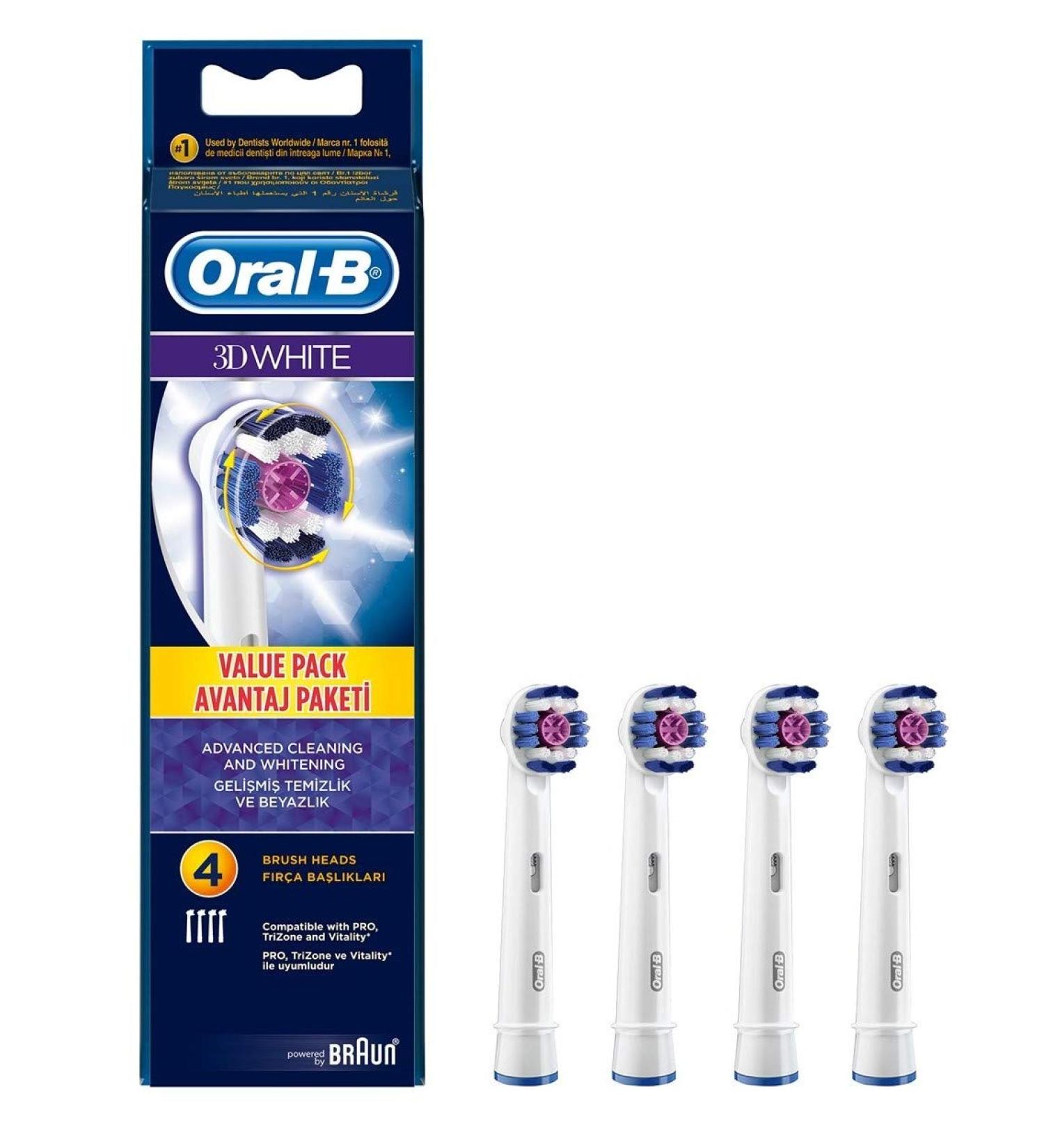 Oral B Genuine Braun 3D White Electric Toothbrush Replacement Heads - 4 Count (Pack of 1) - Buy Online on GoSupps.com