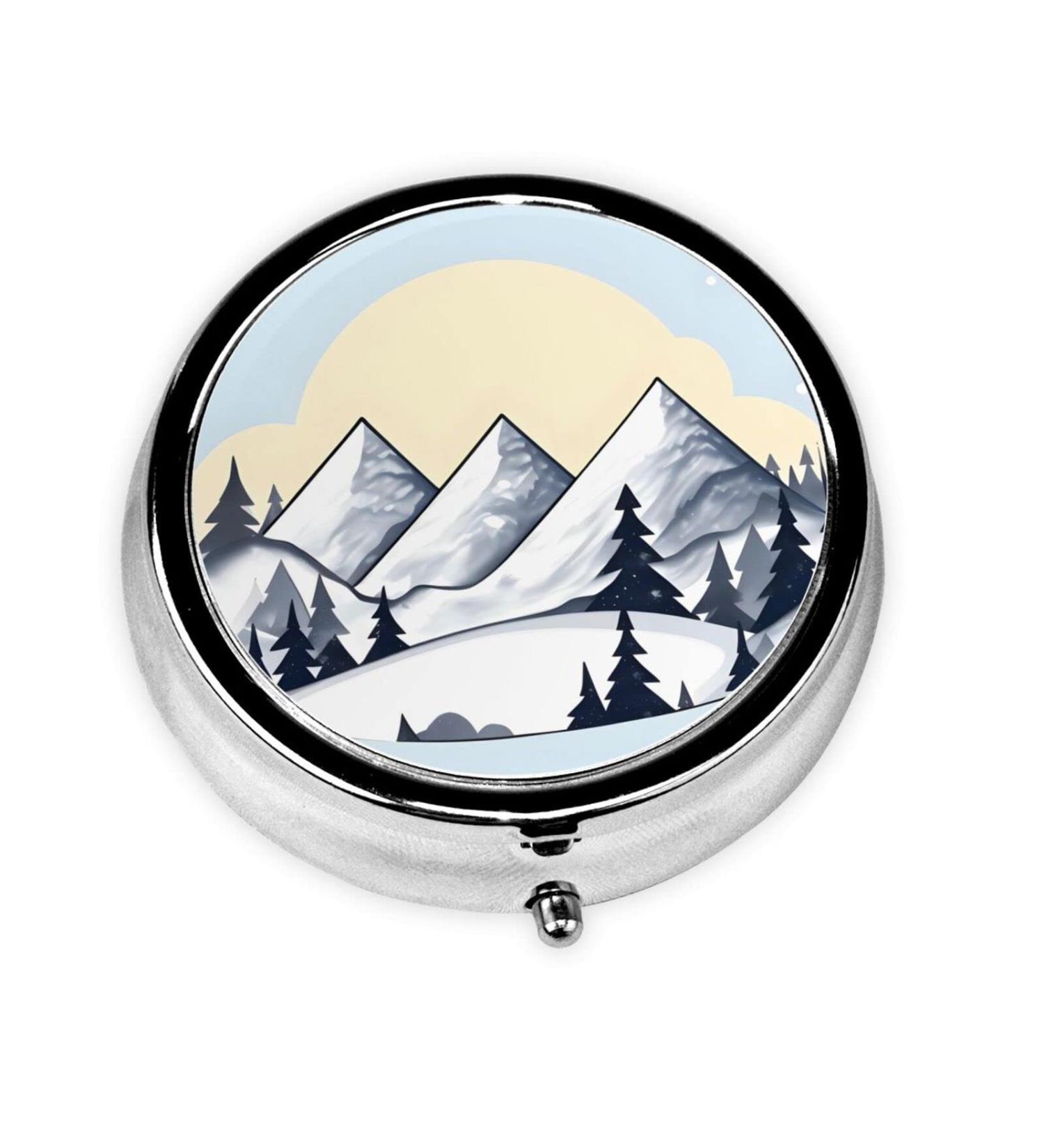 White Snowy Mountains Round Pill Box Organizer - 3 Compartment Travel Pill Box for Easy Medication Storage - Buy Online on GoSupps.com