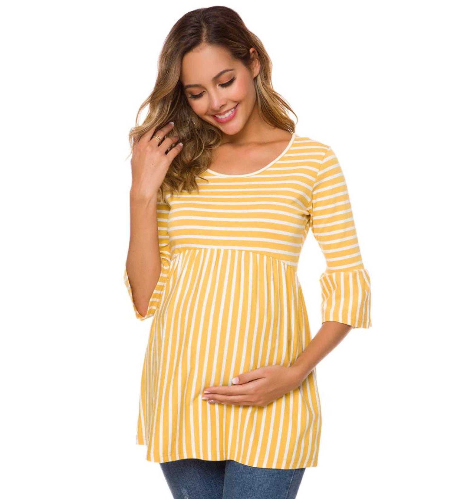 Love2Mi Maternity Blouse | A-Line Pregnancy Shirt | 3/4 Bell-Sleeve | Yellow Stripe - Buy Online on GoSupps.com
