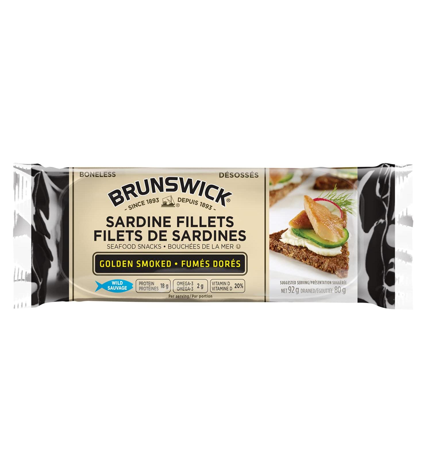 Brunswick Sardine Fillets Seafood Snacks Golden Smoked 92g 18 Count - Canned Sardines - High In Protein - Contains Omega-3 - Excellent Source Of Vitamin D - Ready To Eat - Naturally Smoked - Buy Online on GoSupps.com