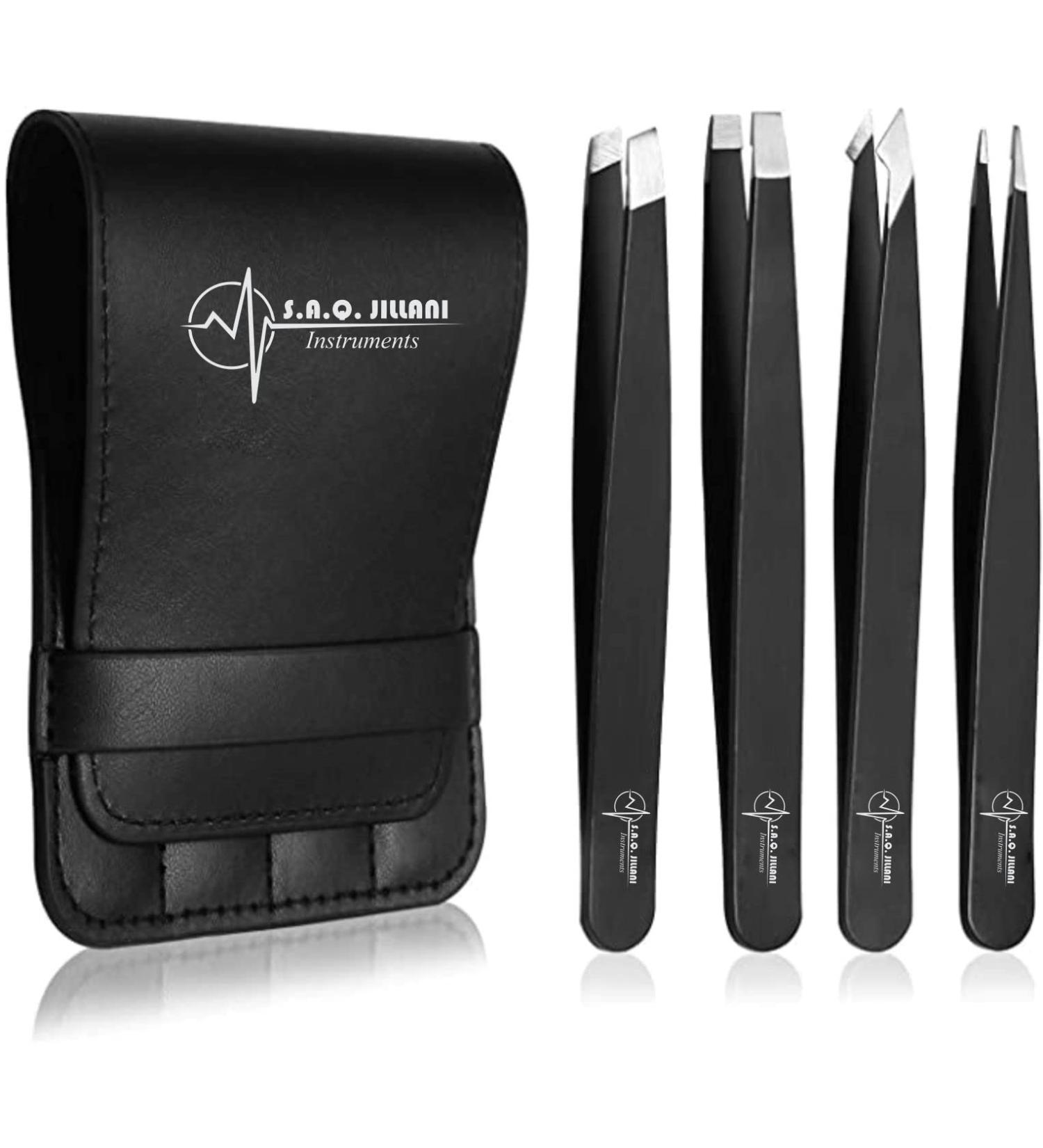 S.A.Q. JILLANI Eyebrow Precision Tweezers Set - Professional Stainless Steel - For Men and Women - Facial & Ingrown Hair Removal - 4 Pieces with Case (Black) - Buy Online on GoSupps.com