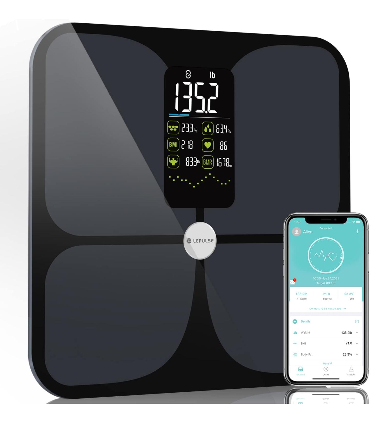 Smart Body Weight and Fat Scale with Heart Rate, Bluetooth, and 15 Body Composition Metrics - Lepulse Large Display Scale - Buy Online on GoSupps.com
