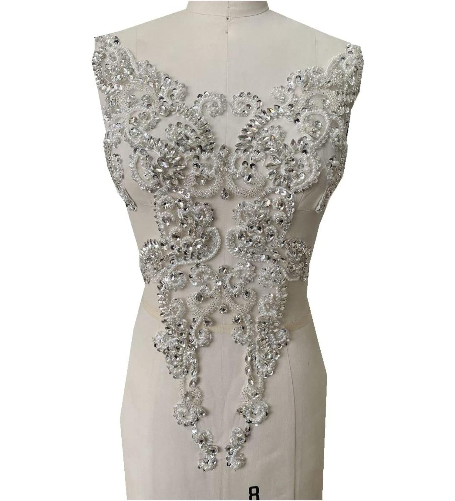 Handmade White Rhinestones Lace Applique Sew On Trimming for Dresses, Clothing, Skirts - Buy Online on GoSupps.com