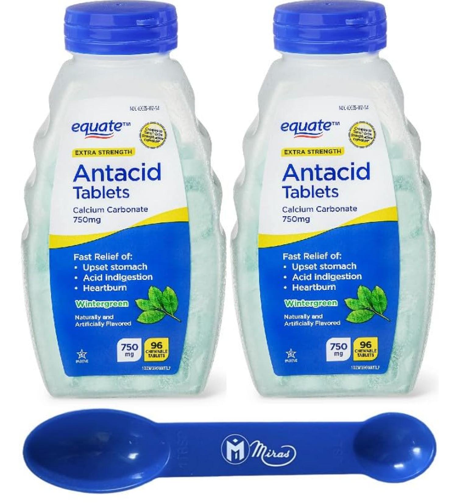 Miras (Pack of 2) EquateExtra Strength Antacid Chewable Tablets 750 mg Wintergreen Flavor 96 Chewable Tablets Trademark 2-in-1 Measuring Spoon Included!