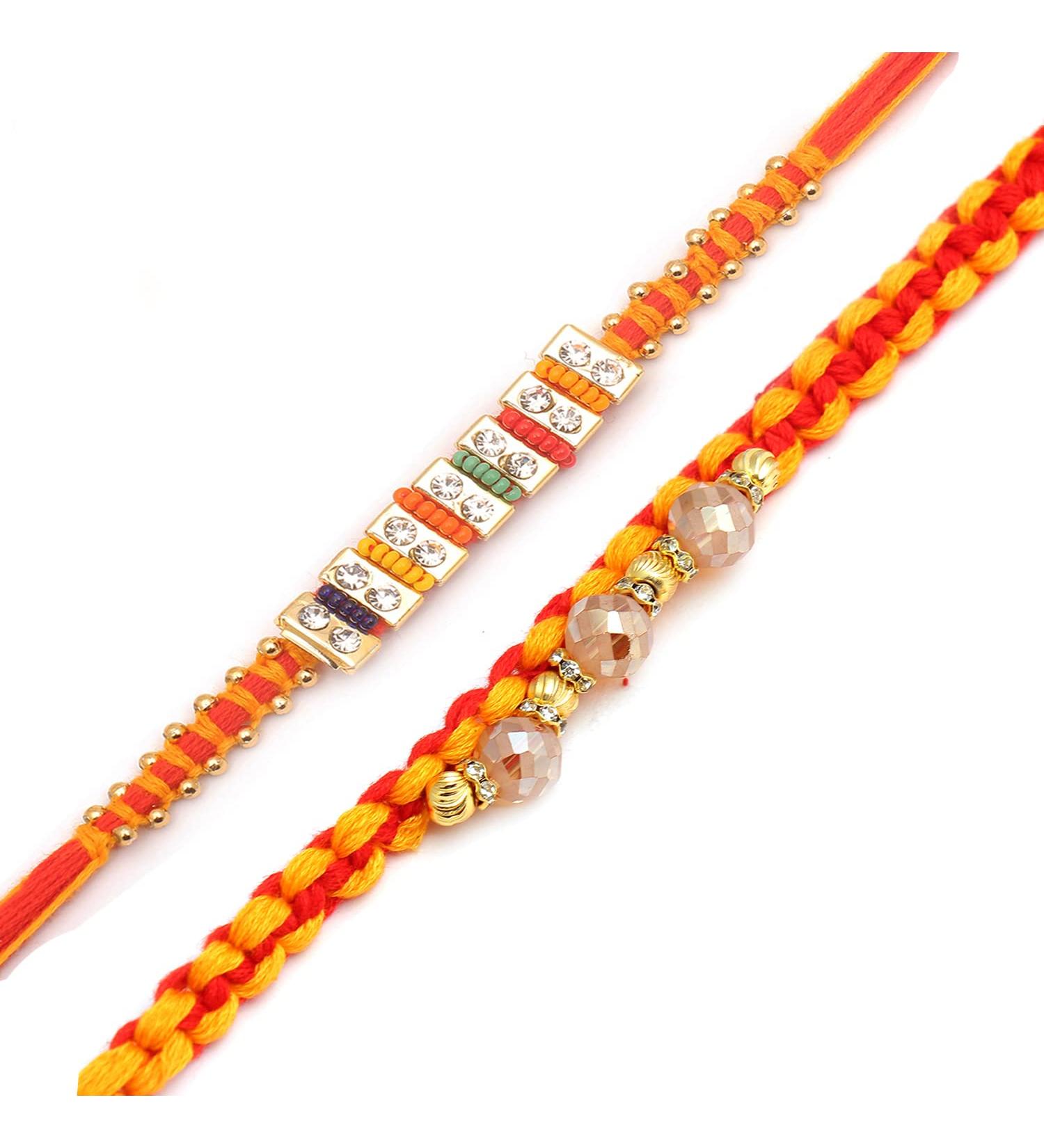 Ghasitaram Gifts Rakhi for Brother Rakhis Online - Set of 2 Glittering Thread and Multicolour Stone Premium Rakhis - Buy Online on GoSupps.com
