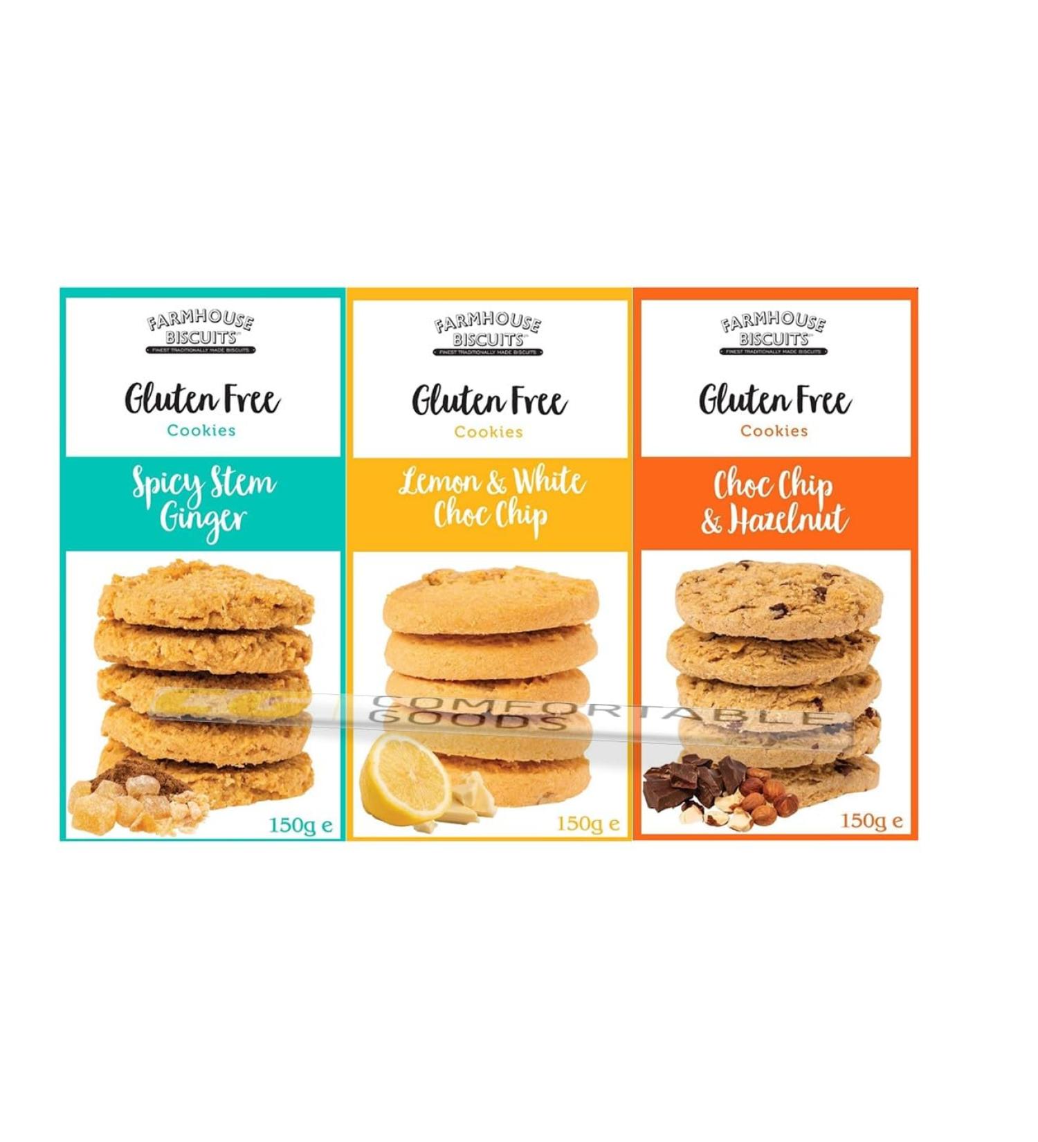 Farmhouse Biscuits Gluten Free Cookies Selection - Choc Chip & Hazelnut Lemon & White Choc Chip and Spicy Stem Ginger - Buy Online on GoSupps.com