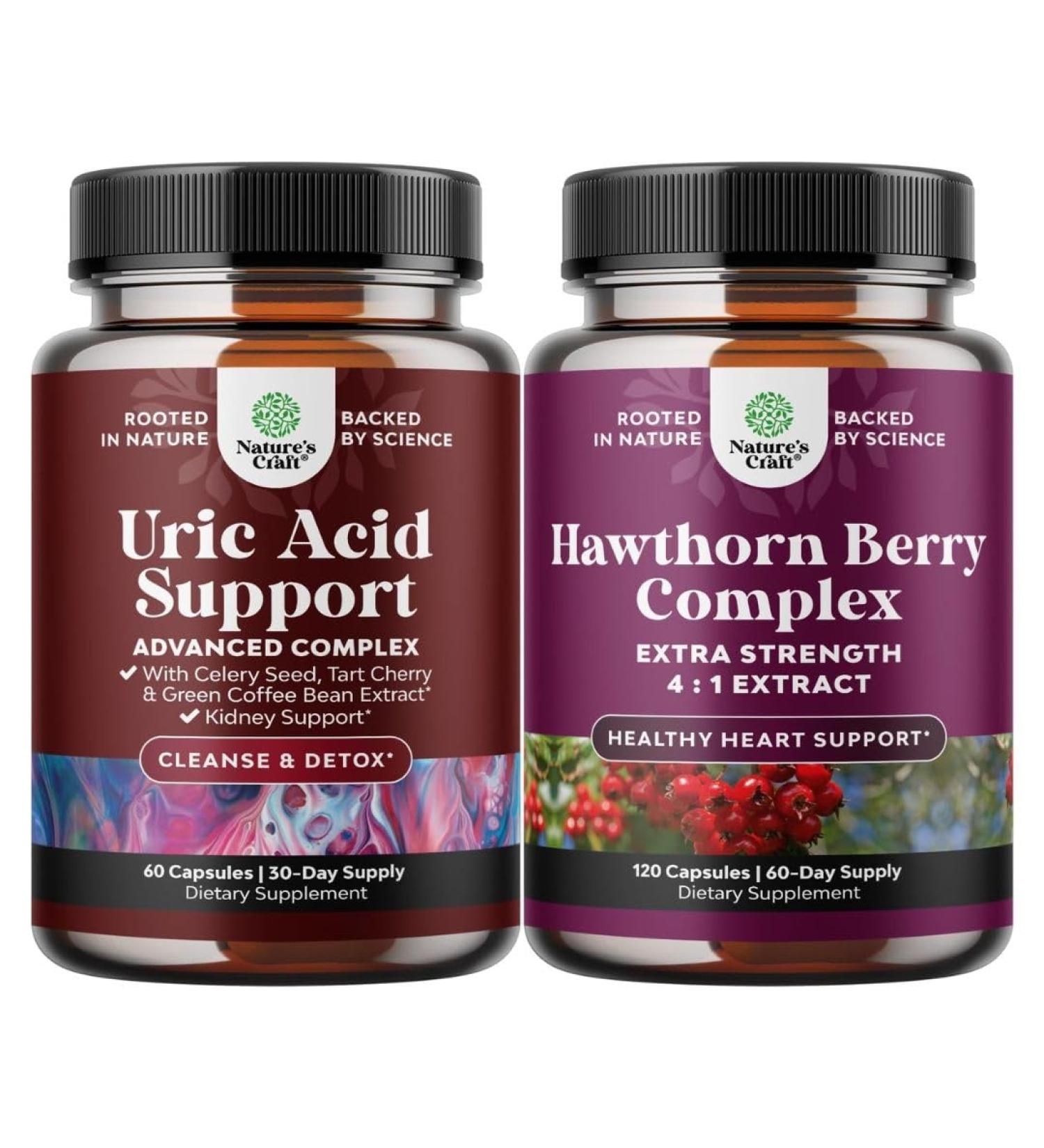 Bundle of Uric Acid Cleanse and Detox Capsules - Turmeric Tart Cherry & Celery Seed Supplement for Men and Women and High Strength Hawthorn Berry Capsules - Pure Antioxidant Hawthorn Berry Supplement - Buy Online on GoSupps.com