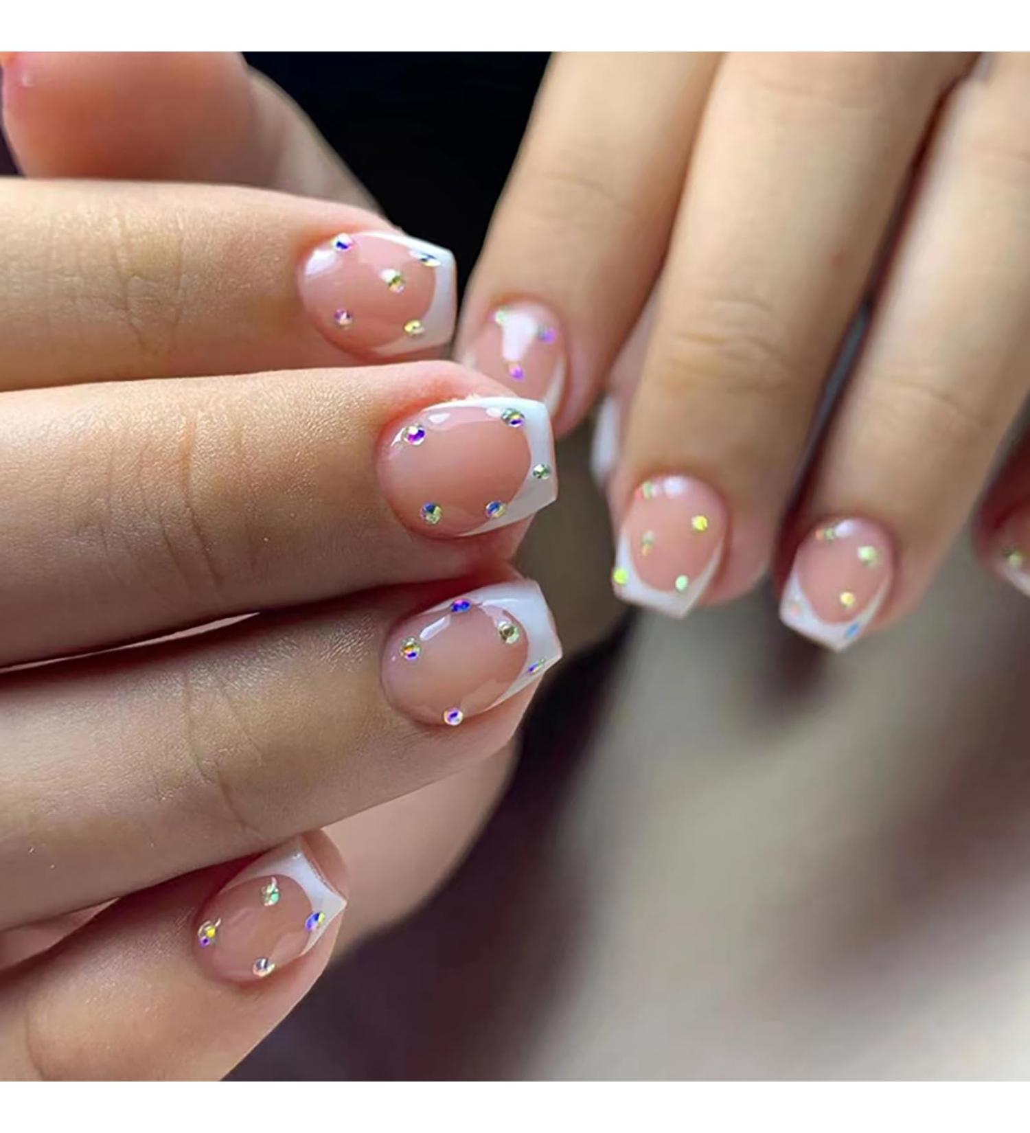 Buy Press on Nails Extra Short Square - White French Tip Fake Nails with Rhinestones | 24 Pcs Acrylic Glue on Nails for Women & Girls - Buy Online on GoSupps.com