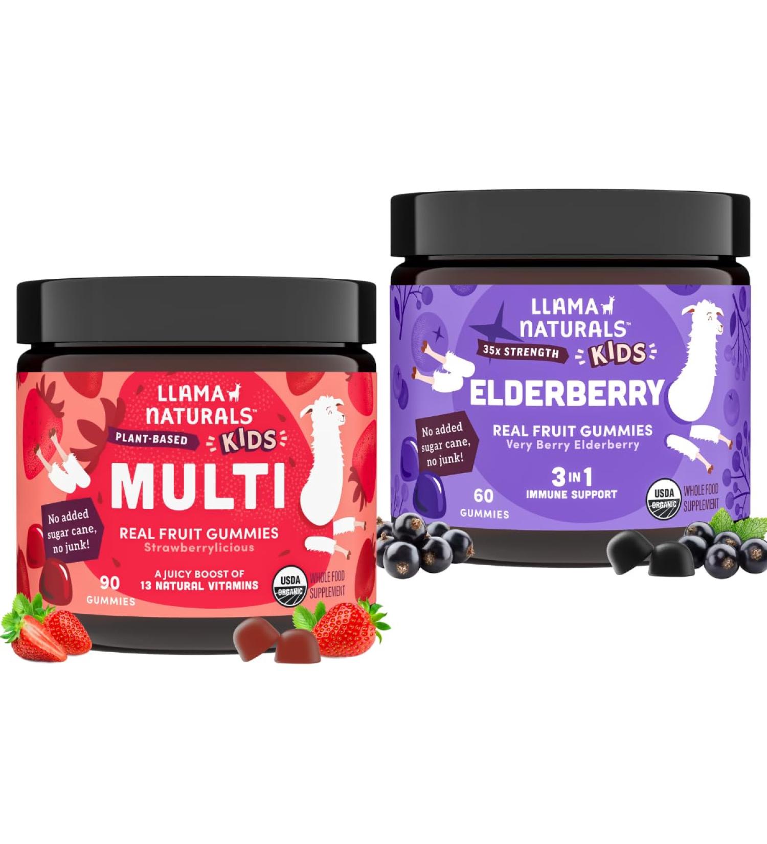 Llama Naturals Kids Multivitamin Gummies + Elderberry Gummies Bundle | No Added Sugar Cane | Vegan | Organic | 2 Bottles - Buy Online on GoSupps.com