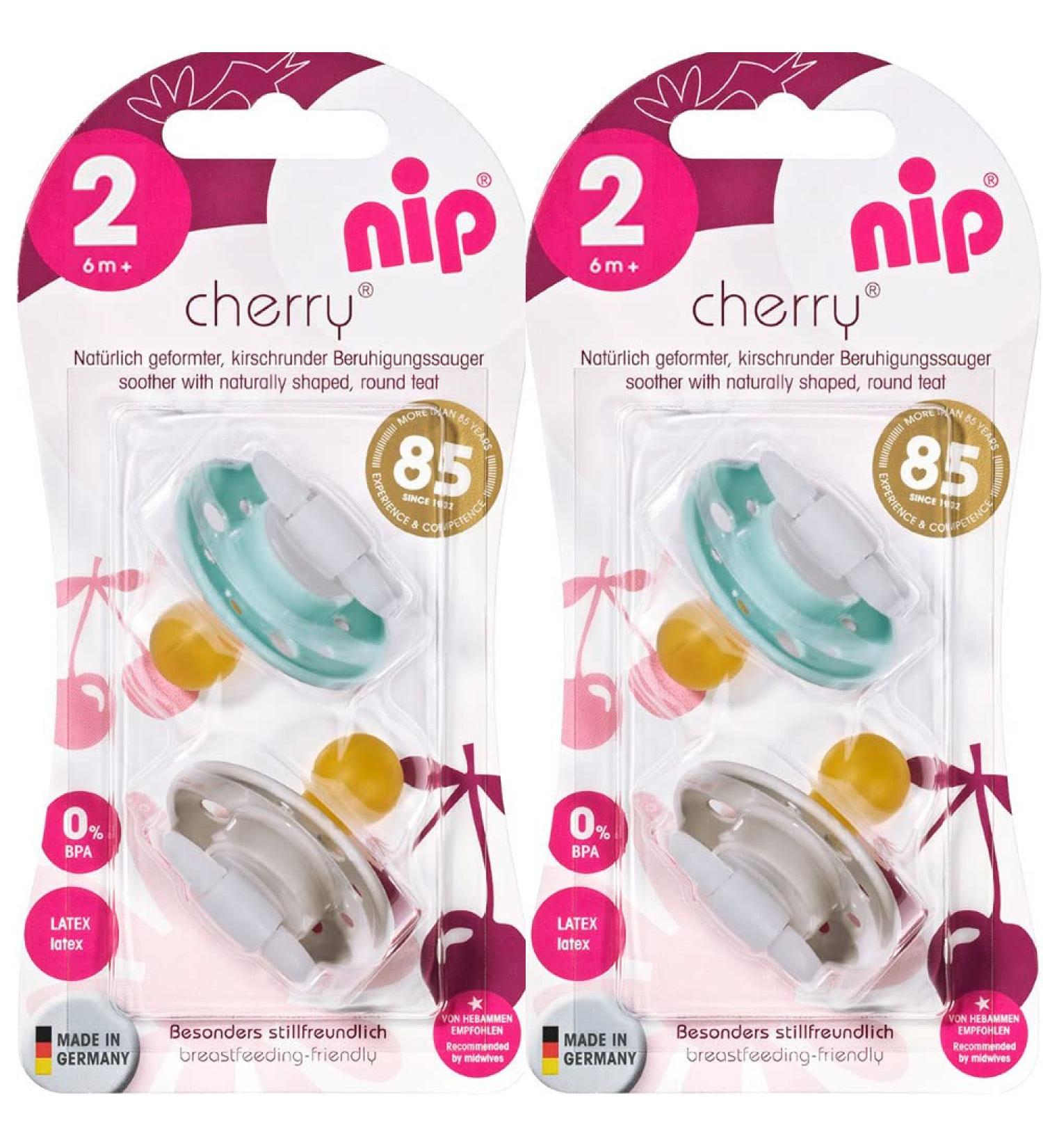 NIP Cherry Round Teat Pacifier Set - 4 Pieces (2x2) Size 2 (6M+) - Light Blue & Grey - International Shipping - Buy Online on GoSupps.com