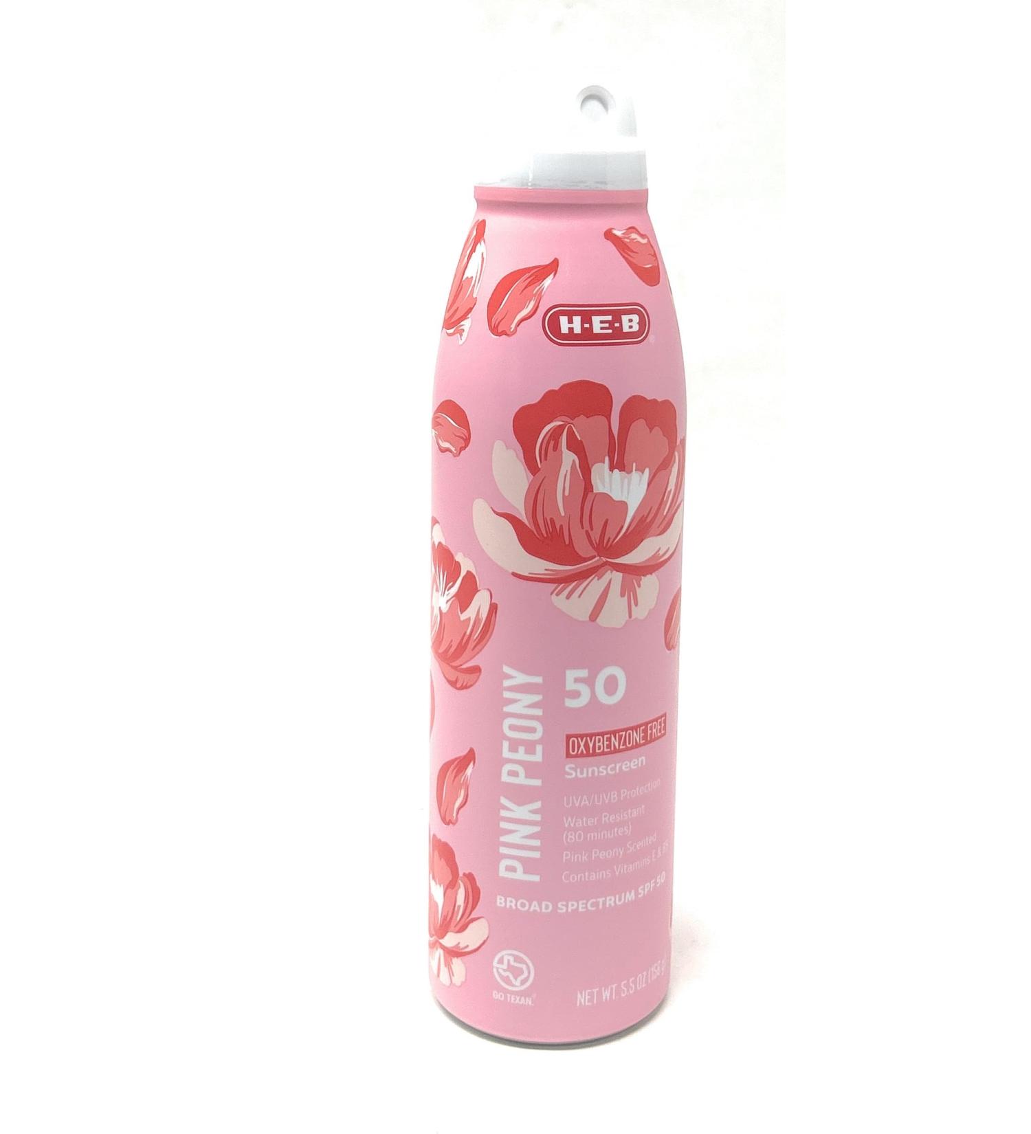 H-E-B Pink Peony Flower Scented Sunscreen Spray - SPF 50-5.5oz bottle