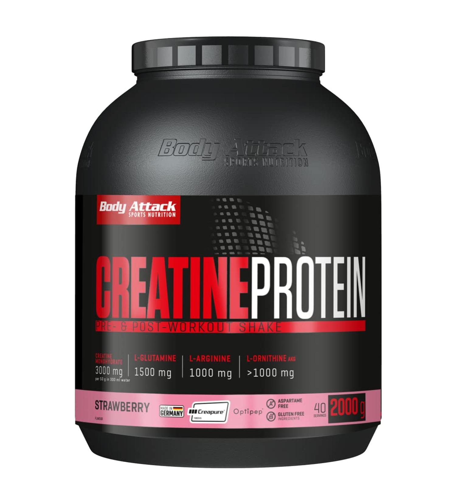 Buy Body Attack Creatine Protein Shake - Strawberry 2kg | 3G Creapure Wheypep Gluten-Free | International Shipping - Buy Online on GoSupps.com