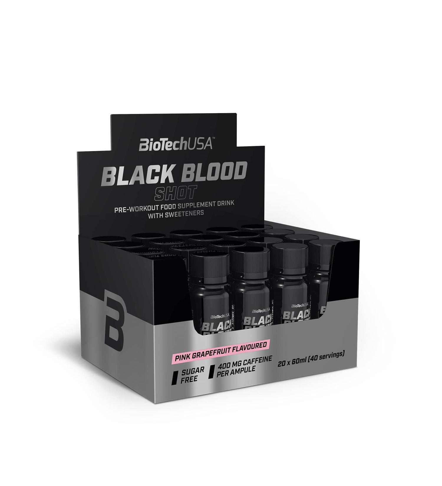 Biotechusa Black Blood Shot - Sugar-Free Pre-Workout | 400mg Caffeine | 5 Active Ingredients | Ready-to-Drink Ampoules | 20x60ml | Rosa Grapefruit - Buy Online on GoSupps.com
