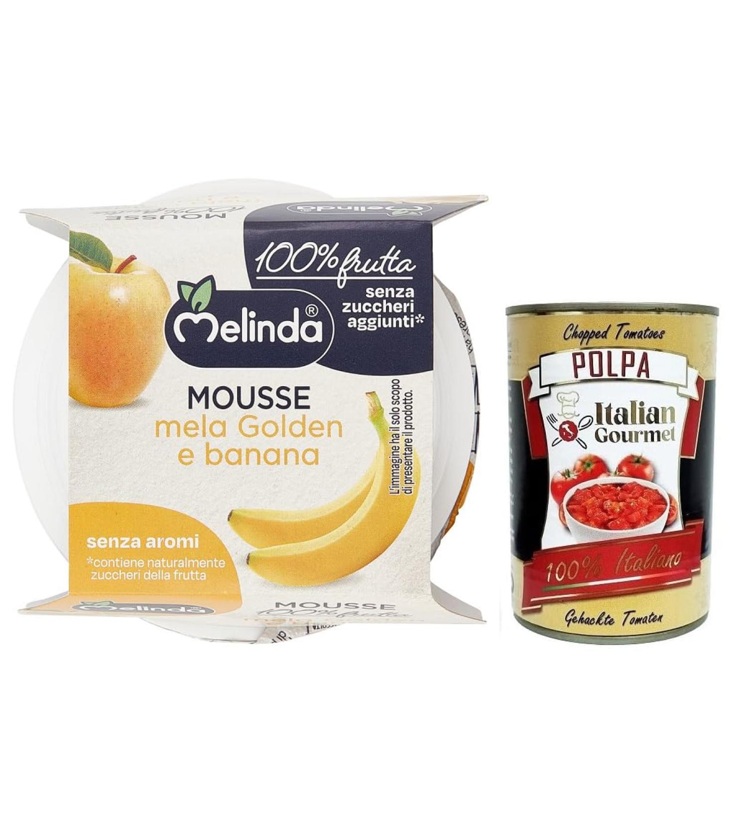  Italian Gourmet E.R. Melinda Golden Apple and Banana Mousse - 100% Natural Fruit Puree - Golden Apple Banana Mousse (2 x 100 g) + Tomato Pulp Italian Gourmet Tomato Pulp 400 g Box - Buy Online on GoSupps.com