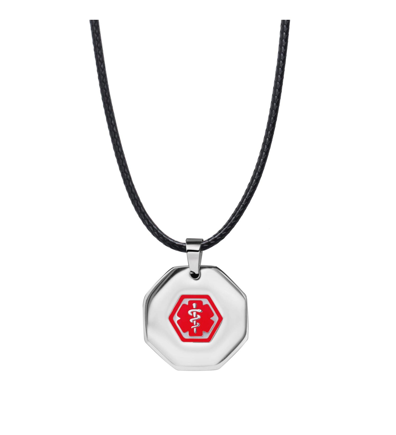 Buy Customized Octagon Medical Alert ID Necklace | Free Engraving for Men & Women | Personalized Emergency Jewelry | Wax Cord & Red Symbol - Buy Online on GoSupps.com
