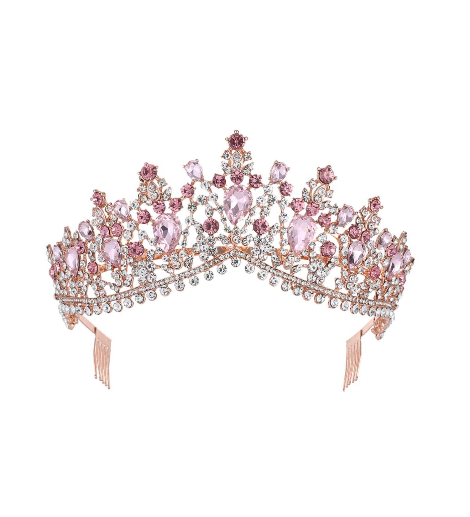 Minkissy Women Tiara with Comb | Crystal Headband Crown for Bride Princess & Lady - Golden & Rosa Strass - Buy Online on GoSupps.com