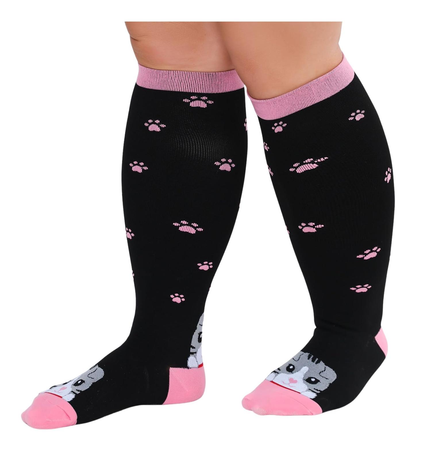 Zfsock Compression Stockings for Thick Calves - Medical Support Socks 20-30mmHg for Men & Women | Oversized Travel & Sport Socks | Pink Cat Design - Buy Online on GoSupps.com
