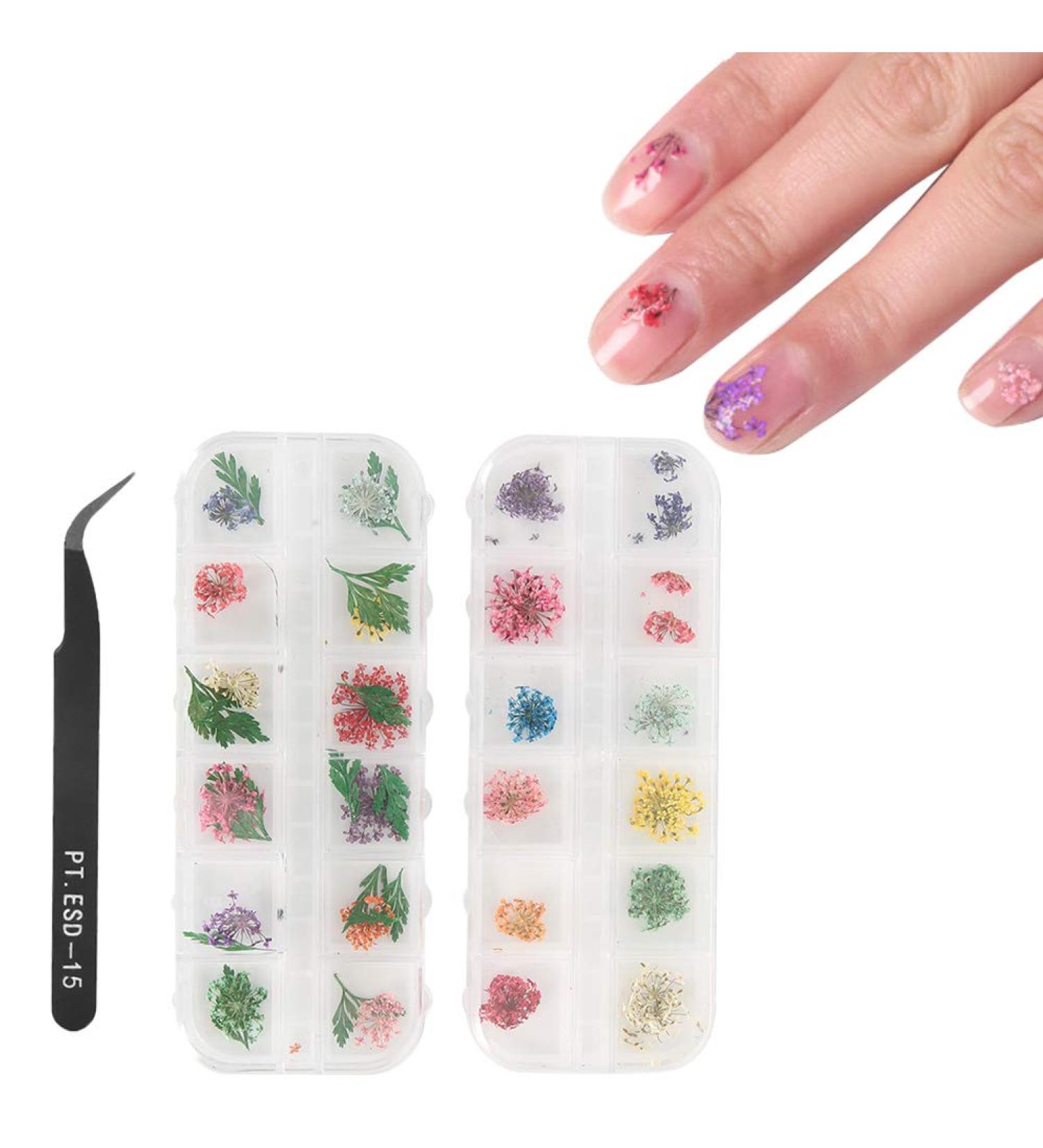 Dried Flower Nail Sticker Decoration Manicure Crafts DIY Mini Real Natural Flowers Nail Art Supplies Nail Decoration Sticker for DIY Tips Manicure Design with Tools