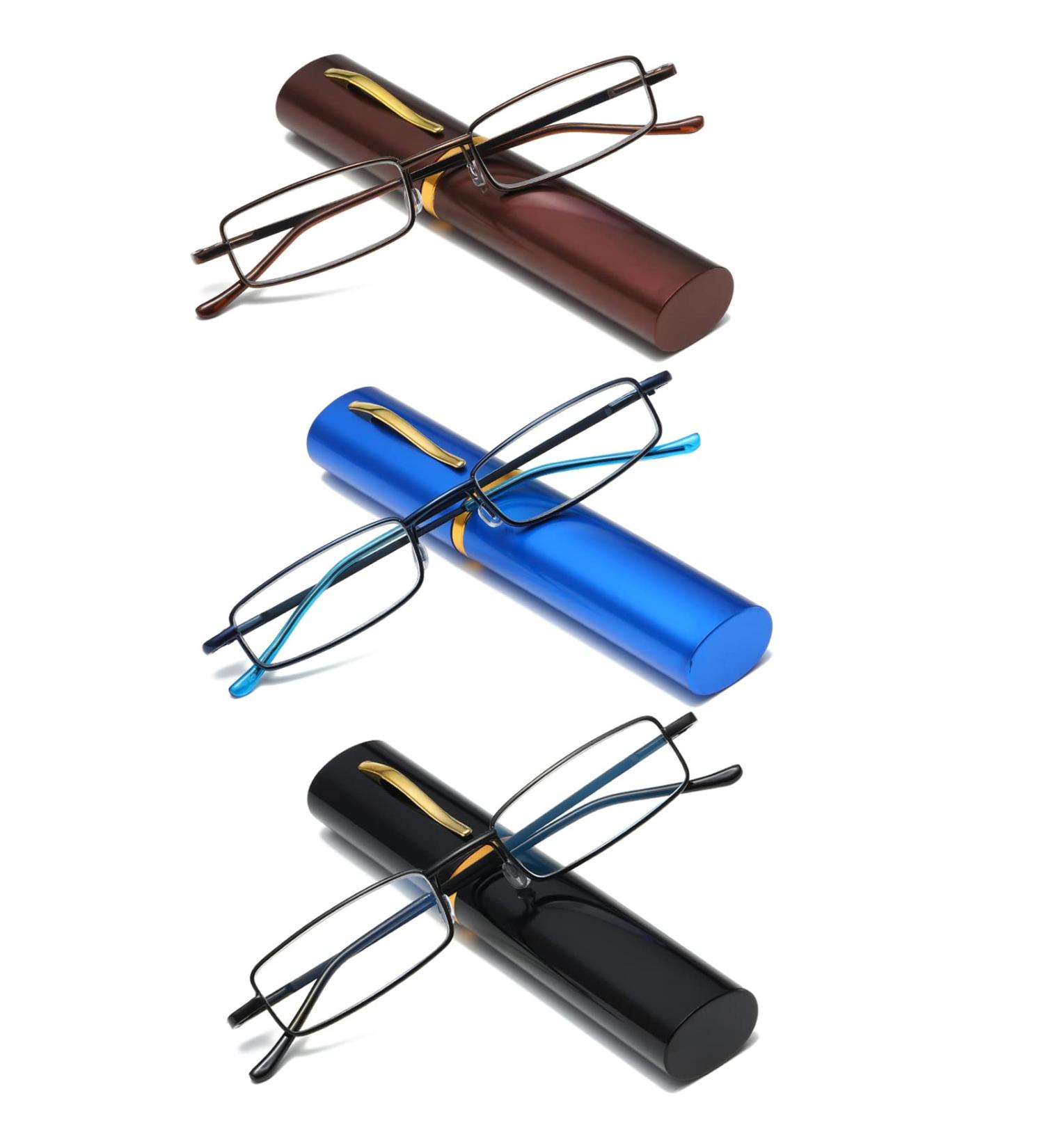 Hubeye 3 Pairs Metal Reading Glasses - Compact & Lightweight with Spring Hinges - Classic Design 3.50 Diopters - Black/Brown/Blue - International Shipping Available - Buy Online on GoSupps.com