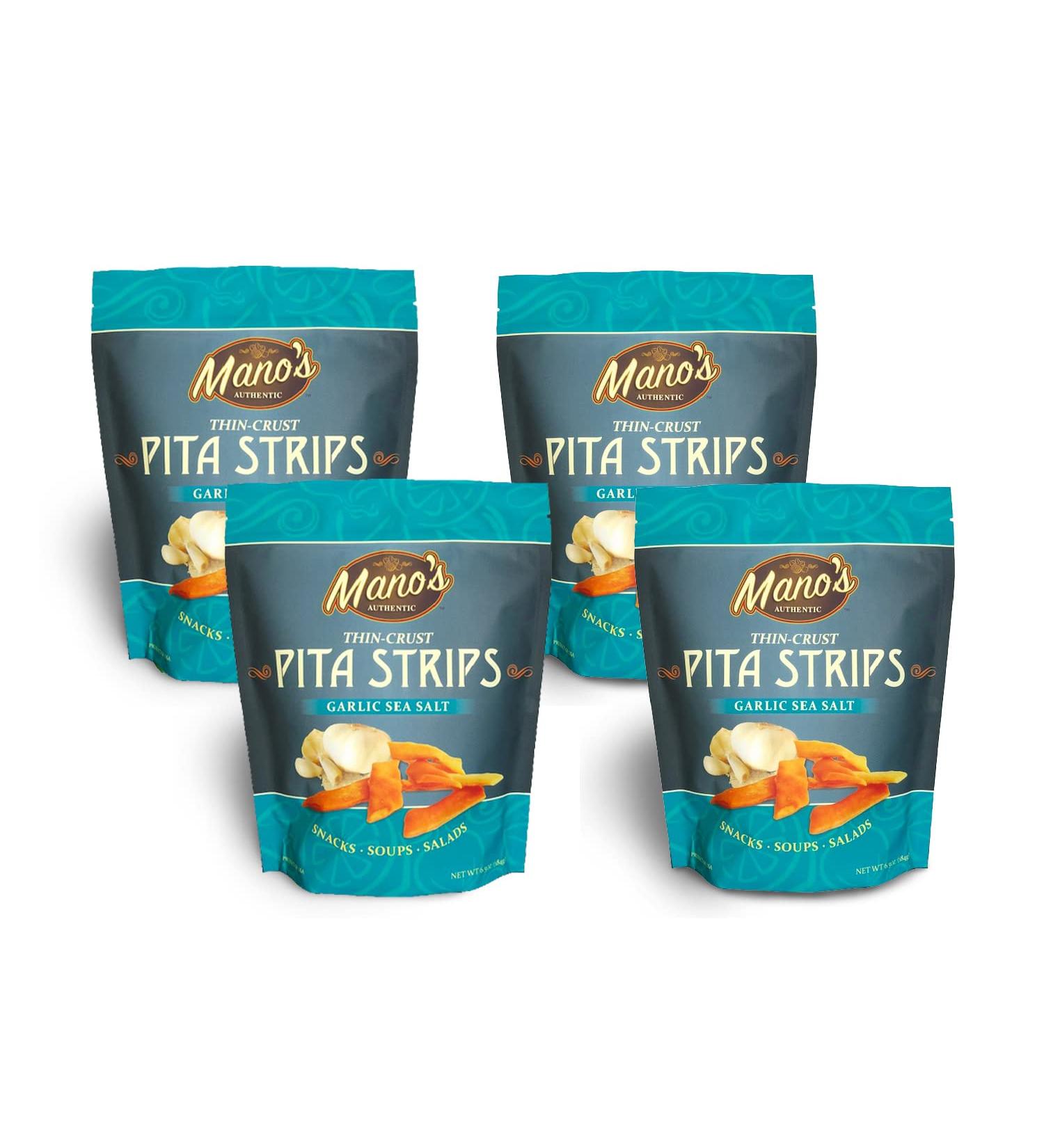 Manos Authentic Pita Chip Strips - Healthy Thin Snackable Garlic Sea Salt Chips (4 Pack, 6.5oz) - Buy Online on GoSupps.com