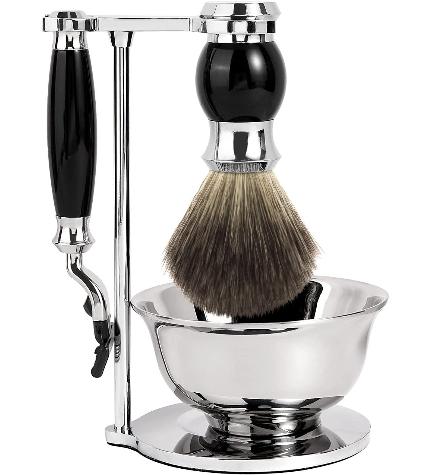 Grutti Raziet Traditional Shaving Set for Men - Kunst Fiber Brush Stainless Steel Razor Shell Chrome-Plated Stand Triple Blades - Perfect Gift - Buy Online on GoSupps.com