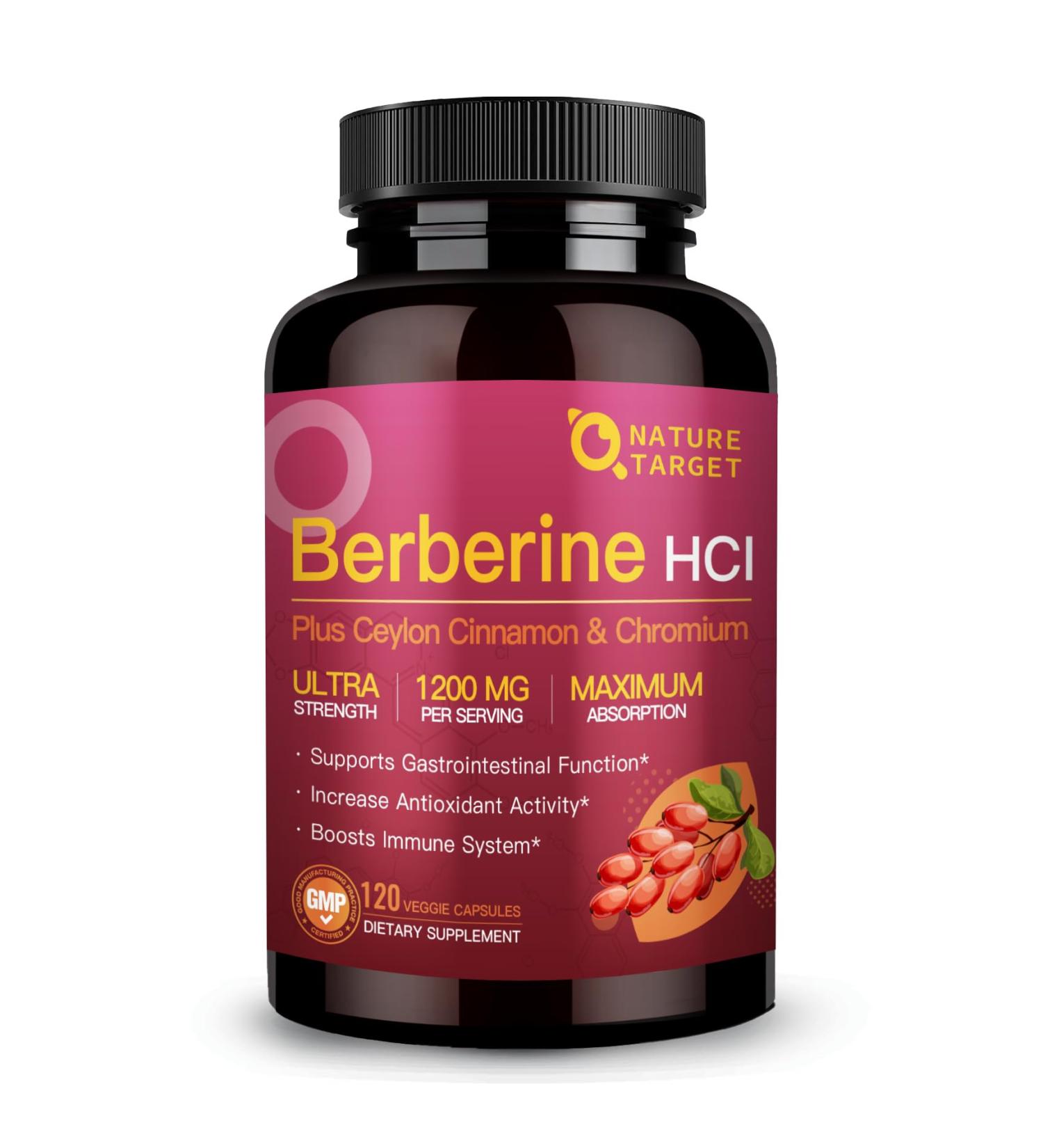 NATURE TARGET Berberine HCl 1200mg Berberine Supplement with Ceylon Cinnamon Chromium - Supports Immune Gastrointestinal & Digestive Health Non-GMO 120 Capsules 120 Count (Pack of 1) - Buy Online on GoSupps.com