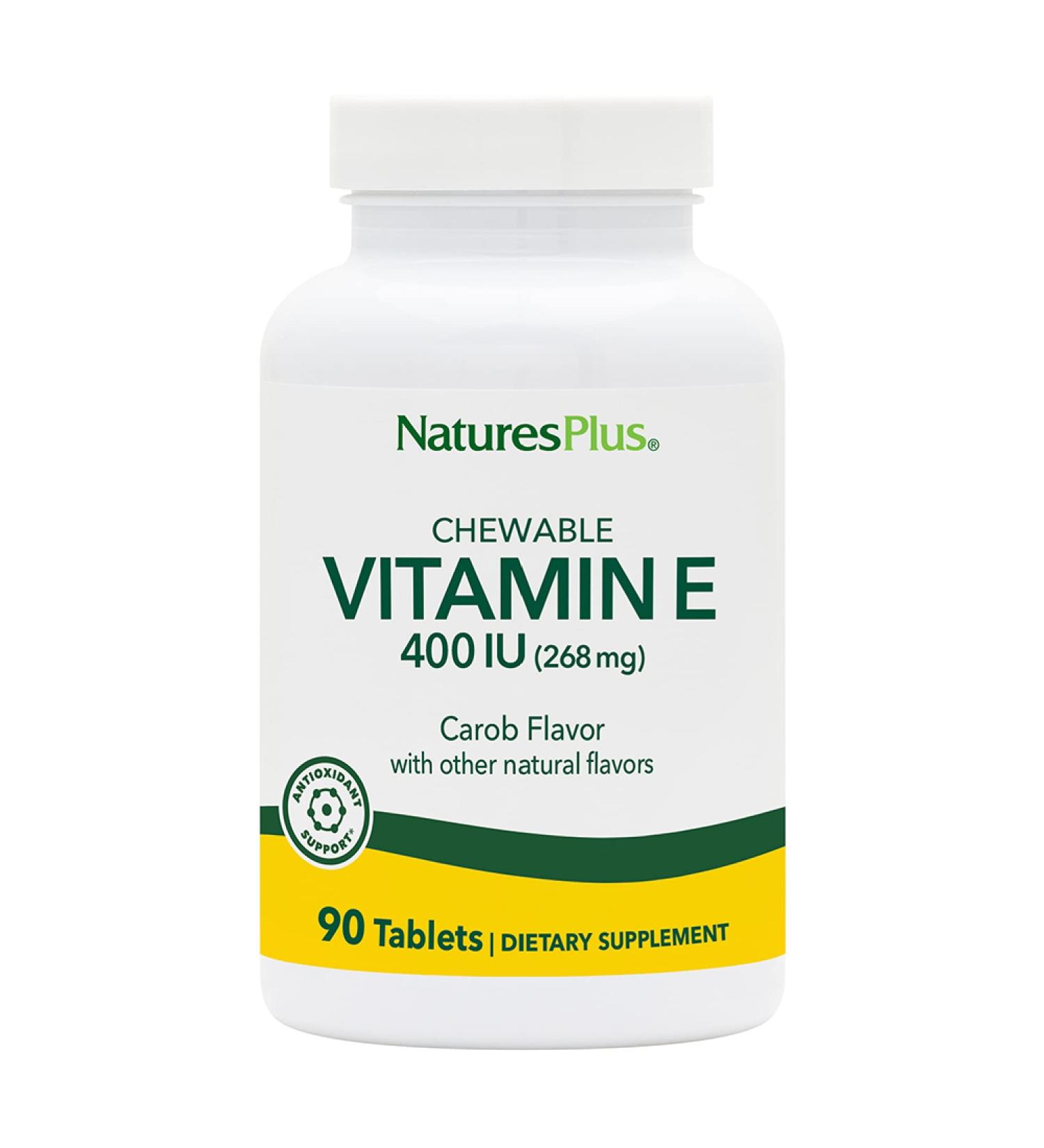 NaturesPlus Vitamin E Chewable 400 IU - 90 Vegetarian Tablets - Natural Carob Flavor | Supports Cardiovascular Health & Free-Radical Defense | Gluten-Free - Buy Online on GoSupps.com