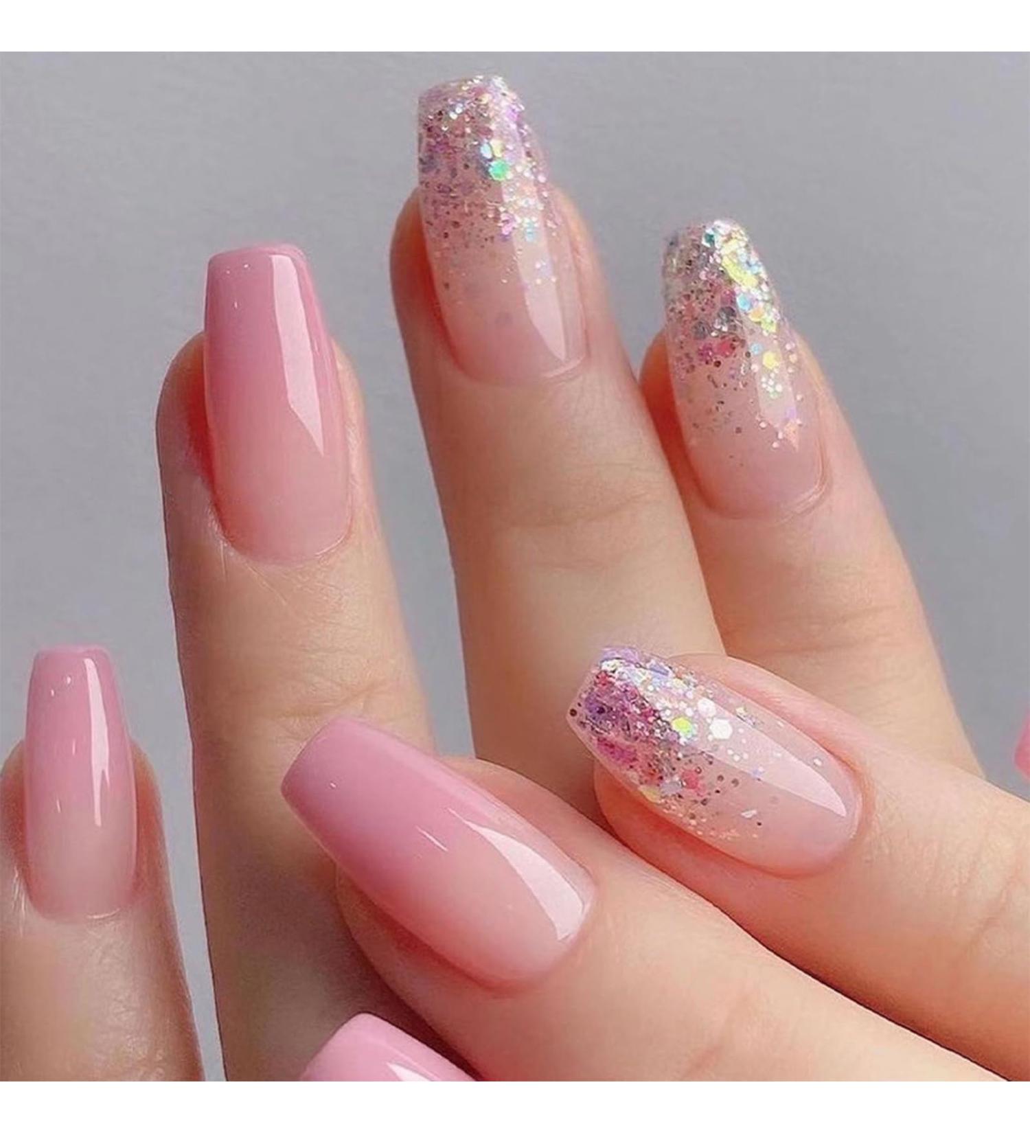 Pink Glitter Short Coffin False Nails - 24pcs Press on Nails with Sequins - Removable Glue-on Full Cover Fake Nails for Women and Girls | Nail Art Accessories 0268Y67 - Buy Online on GoSupps.com