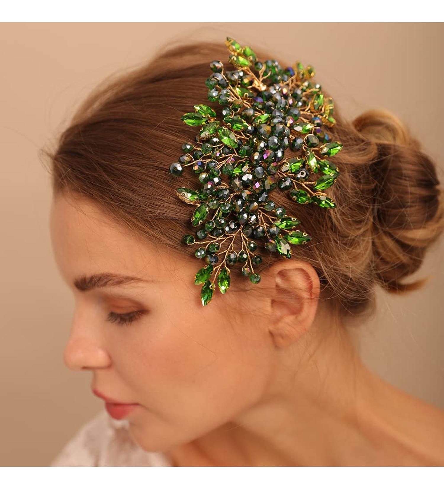 Jumwrit Rhinestone Wedding Hair Comb - Handmade Bridal Headpiece for Women - Green Wedding Hair Accessories - Buy Online on GoSupps.com