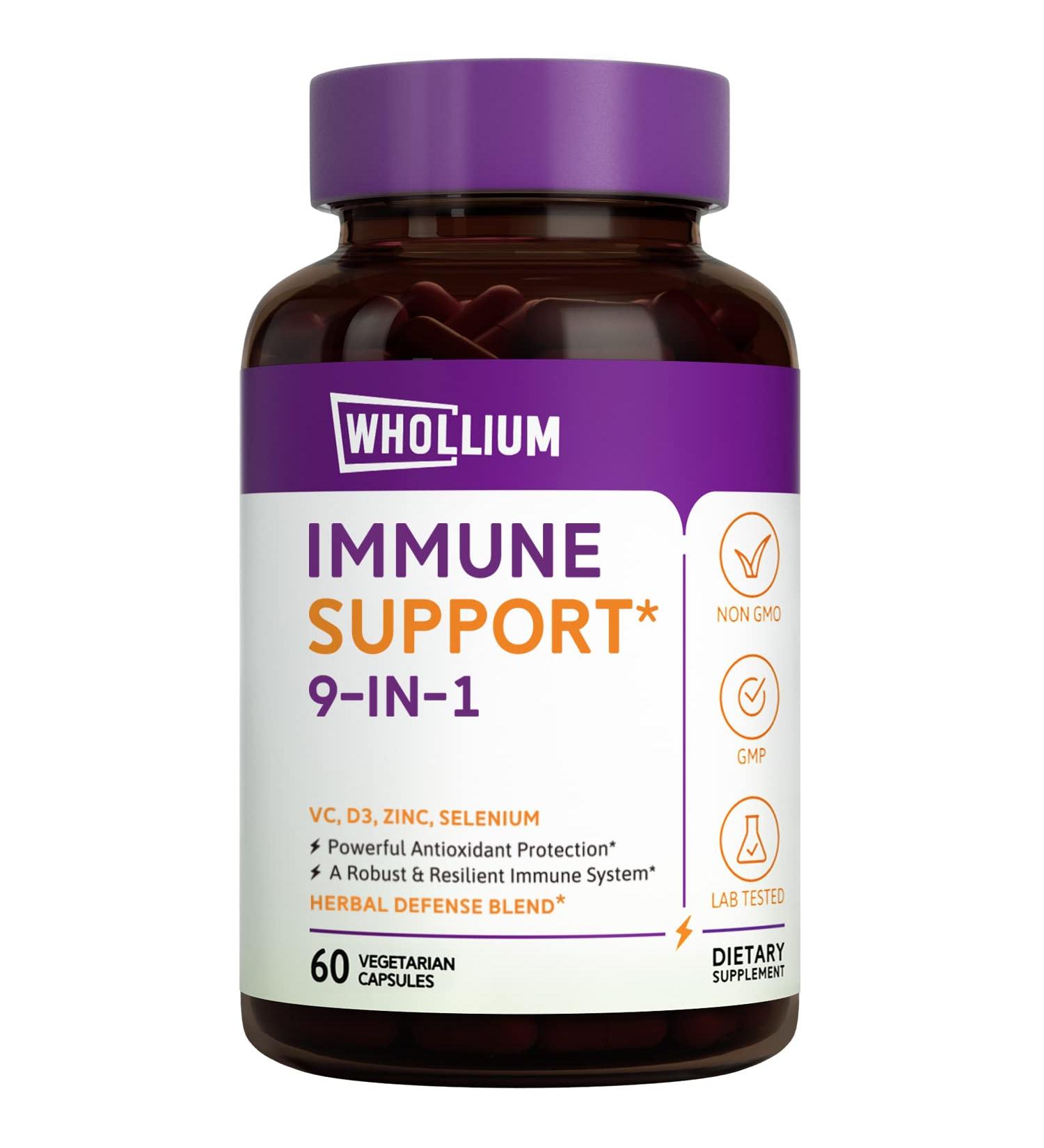 Whollium Immune Support Capsules - Elderberry with Vitamin C, D3, Zinc, Selenium, Echinacea, Garlic, Ginger & Black Pepper for Antioxidant Boost - 60 Vegetarian Caps - Buy Online on GoSupps.com