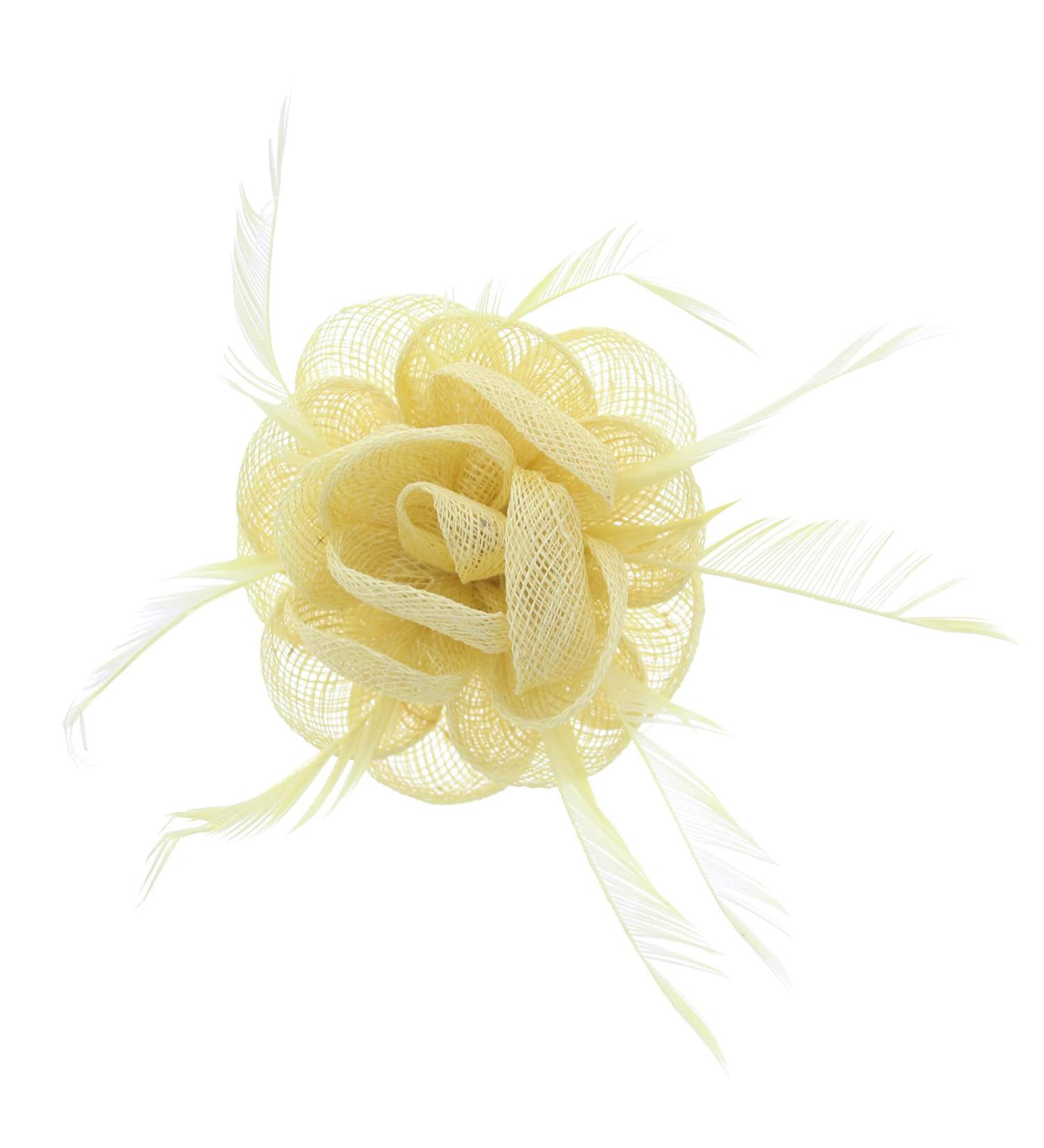 Lemon Yellow Rose Net Fascinator with Feathers on Clip & Brooch Pin