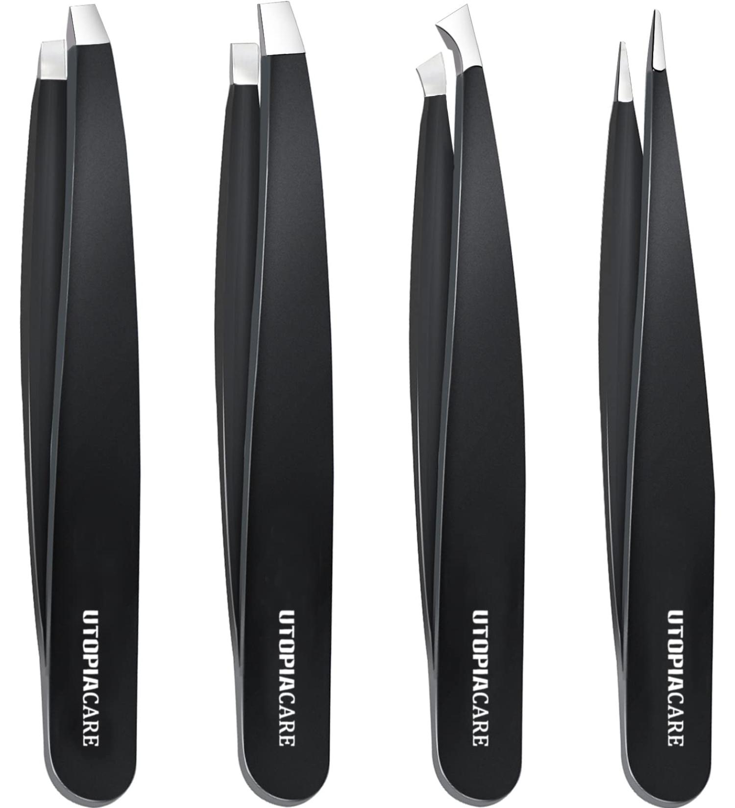 Utopia Care Professional Stainless Steel Tweezers Set - 4-Piece Precision Set for Ingrown Hair, Facial Hair, Splinter, Blackhead, Tick Remover (Black) - Buy Online on GoSupps.com