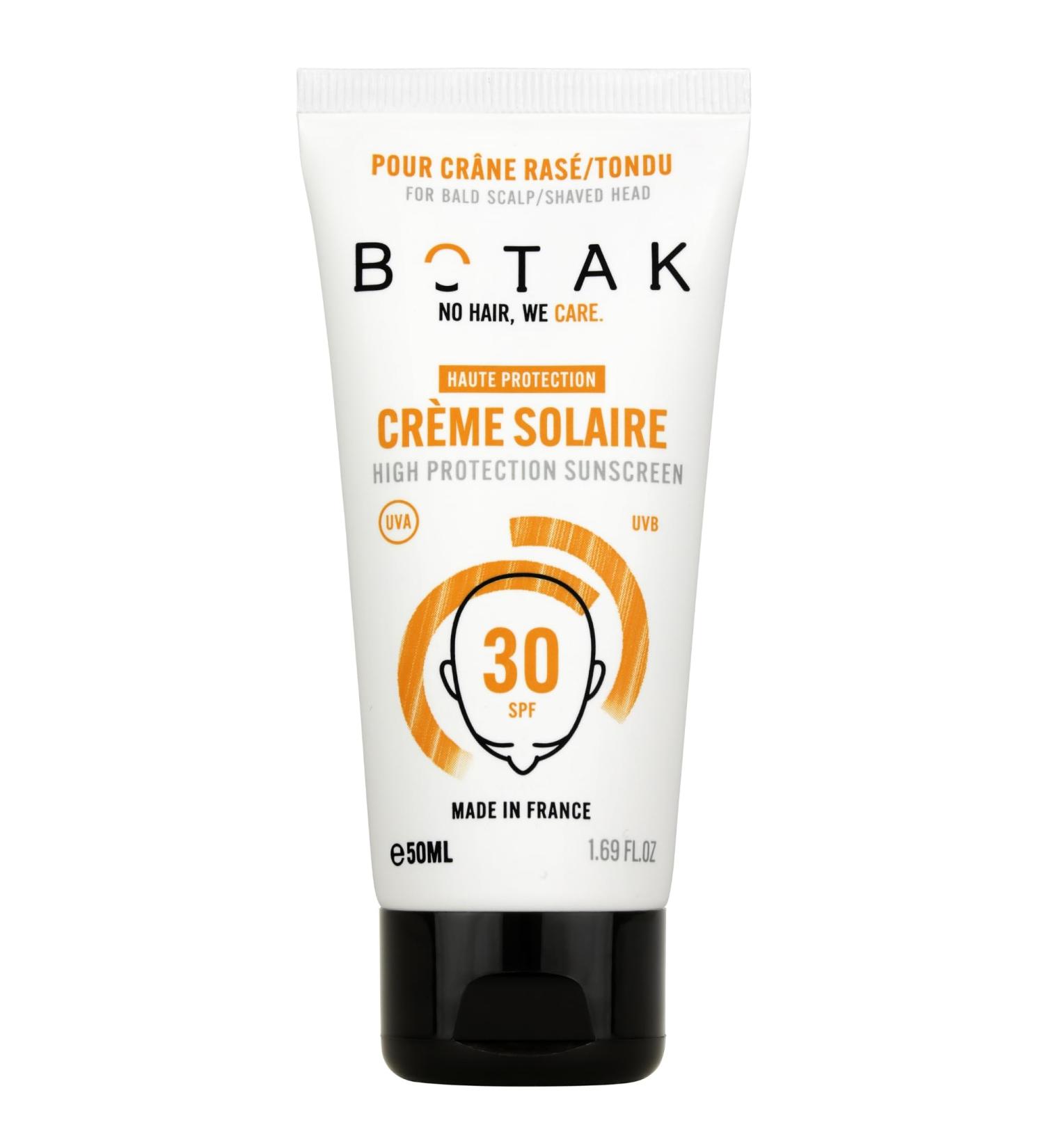 BOTAK Sunscreen SPF30 for Shaved/Shorn/Bald Head | Vegan French | High UV Protection | 0 white marks | Non-greasy | Waterproof | Anti-dryness | Regulates pH and microbiota | 50mL - Buy Online on GoSupps.com