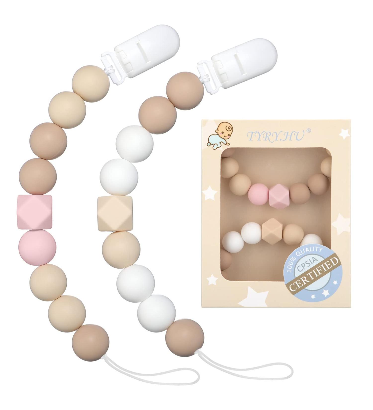 Pacifier Clip for Baby Boys Girls | Neutral Binky Holder 2 Pack (Beige Pink) | Perfect Baby Gift - Buy Online on GoSupps.com