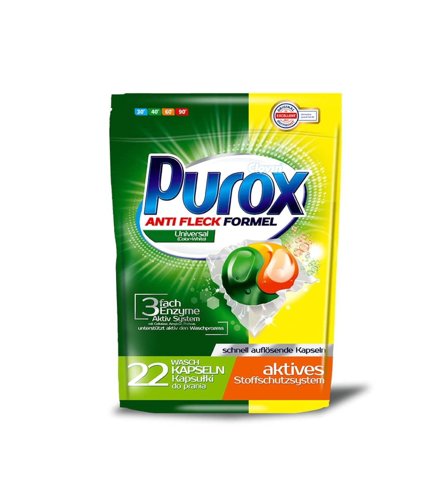 PUROX CAPS UNIVERSAL Washing Caps for Colored Textiles - 22 WL 396g Unscented Doypack Detergent - 22 Pieces | International Shipping - Buy Online on GoSupps.com