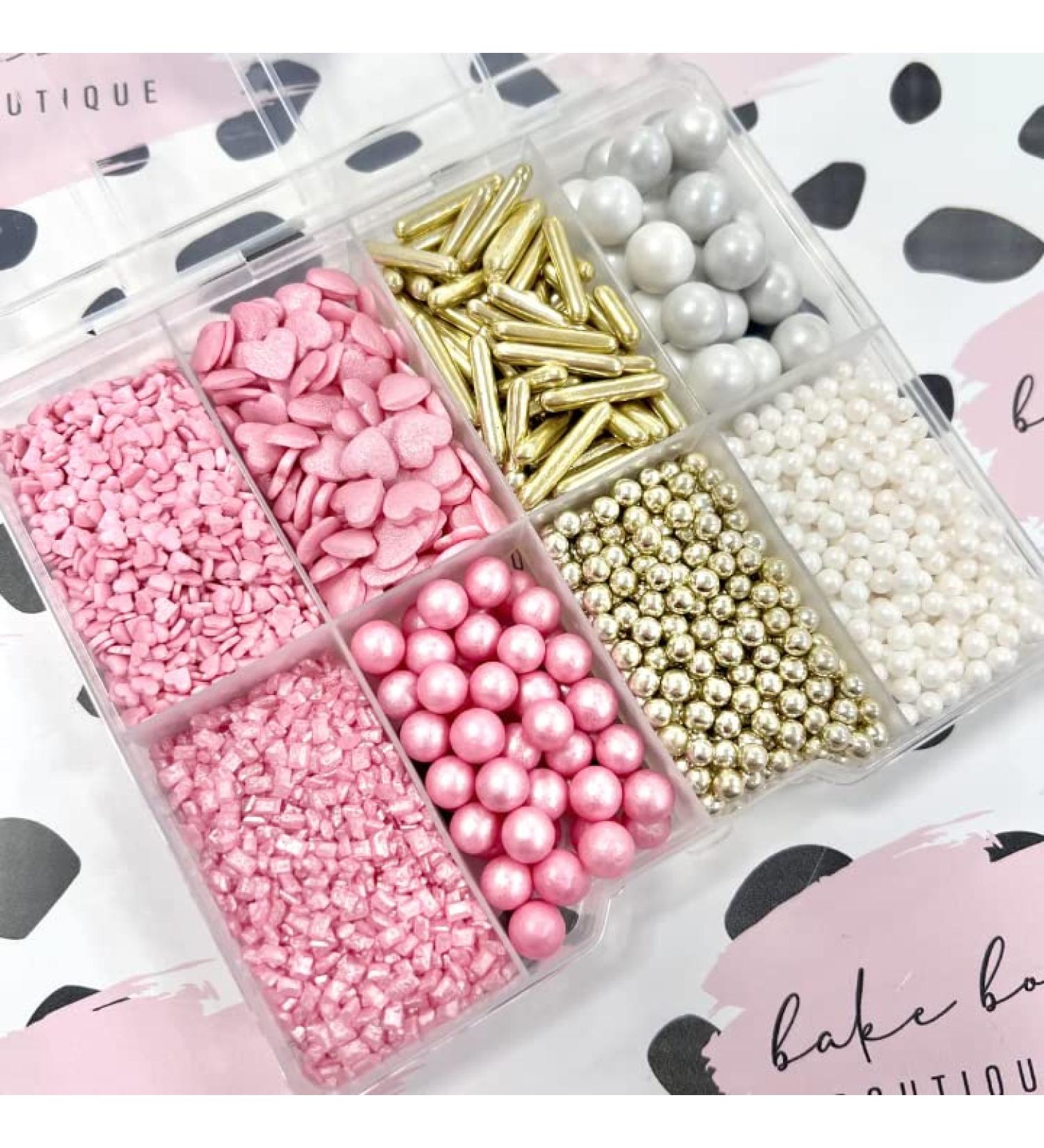 Sprinkle box pink gold white hearts rods Sprinkles Mother's Day cupcake cookies cake toppers pearls chocolate balls 100s and 1000s birthday decoration topper sprinkle mix blend PINK SPRINKLE BOX