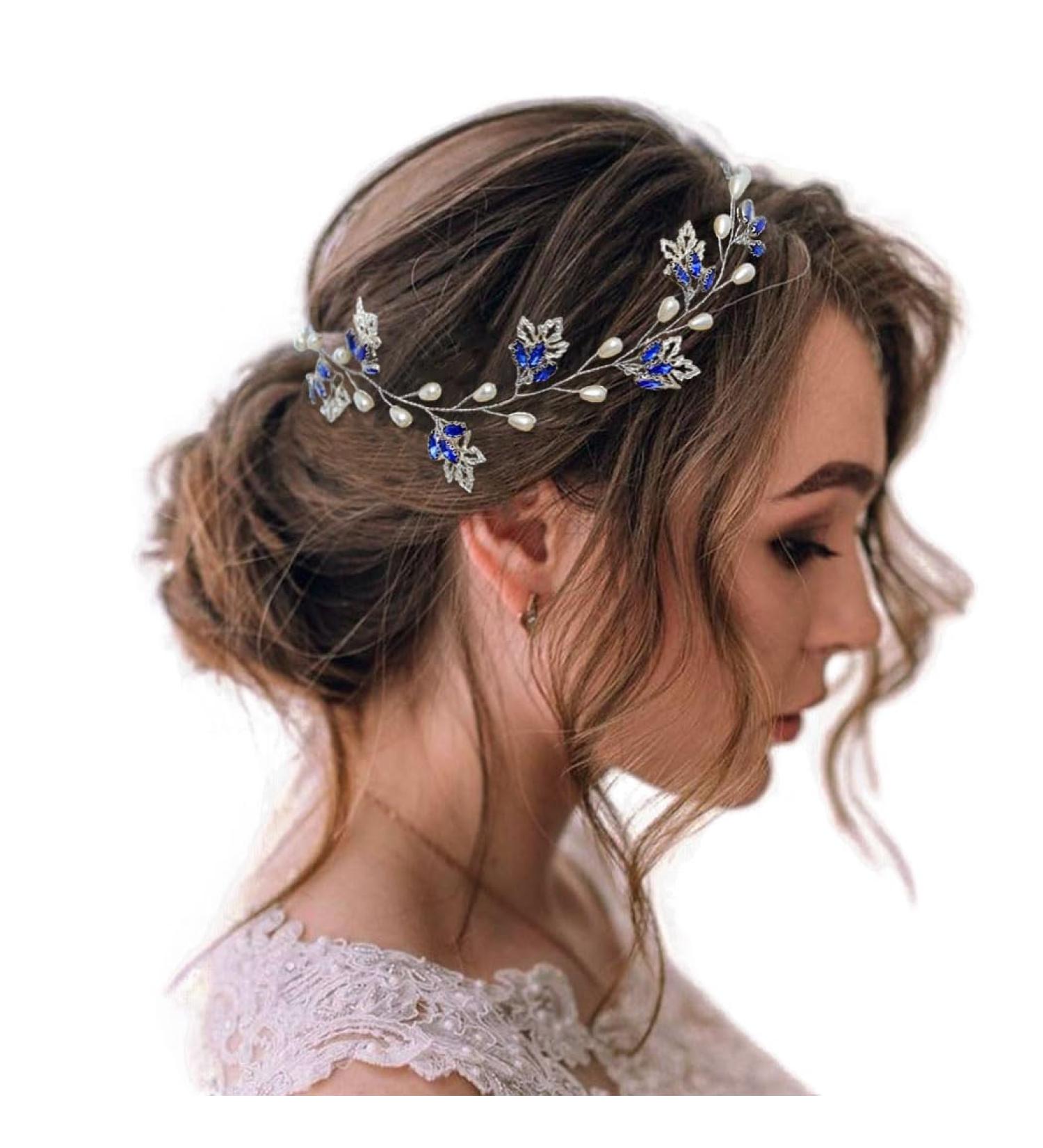 IYOU Bridal Wedding Hair Vine Blue Rhinestone Headband Leaf Pearl Prom Headpiece Accessories for Bride Bridesmaid - Buy Online on GoSupps.com