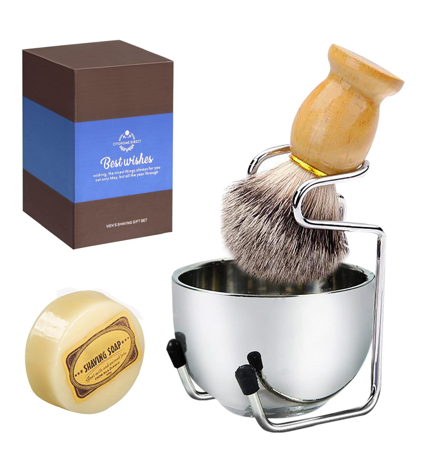 Men's Shaving Brush Kit with Badger Hair Brush, Goat Milk Shaving Soap, 2-Layer Shaving Bowl, and Stainless Steel Stand - Perfect Men's Gift (Silver) - Buy Online on GoSupps.com