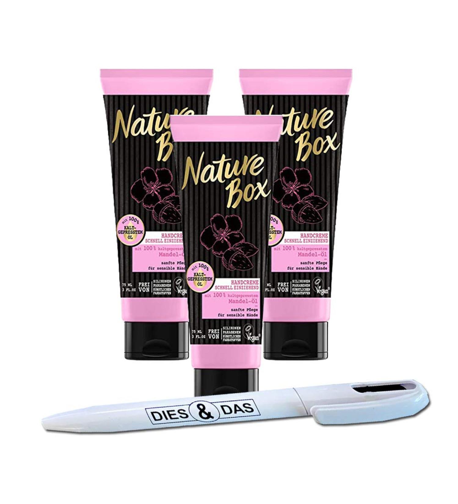 3x Nature Box hand cream with cold-pressed almond oil 75ml + DIES&DAS ballpoint pen worth 2.90