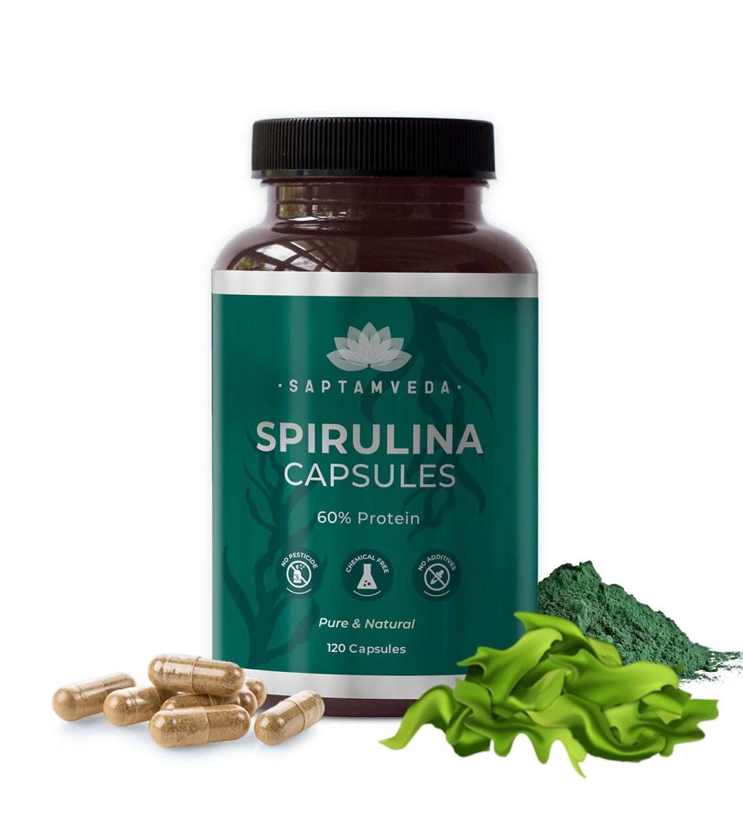 Saptamved Natural Spirulina Capsules 2000mg (120 Capsules) - Plant-Based Superfood Supplement for Men and Women | Rich in Protein Vitamins & Antioxidants | Supports Immune System and Overall Wellness - Buy Online on GoSupps.com
