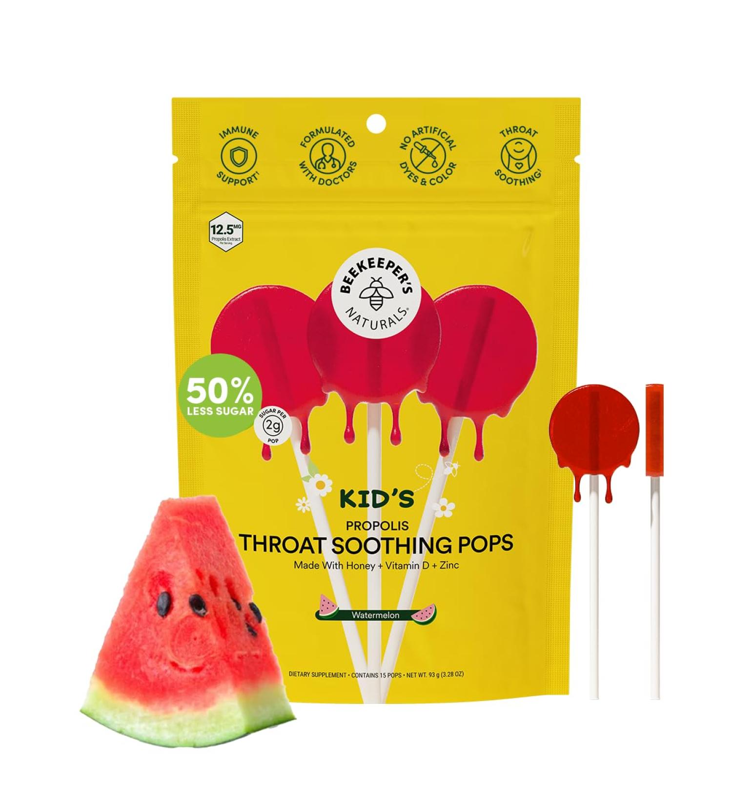 Kids Throat Soothing Watermelon Lollipops - Beekeeper s Naturals | Immune Support Doctor Formulated Low Sugar Vitamin D & Honey 15 ct - Buy Online on GoSupps.com