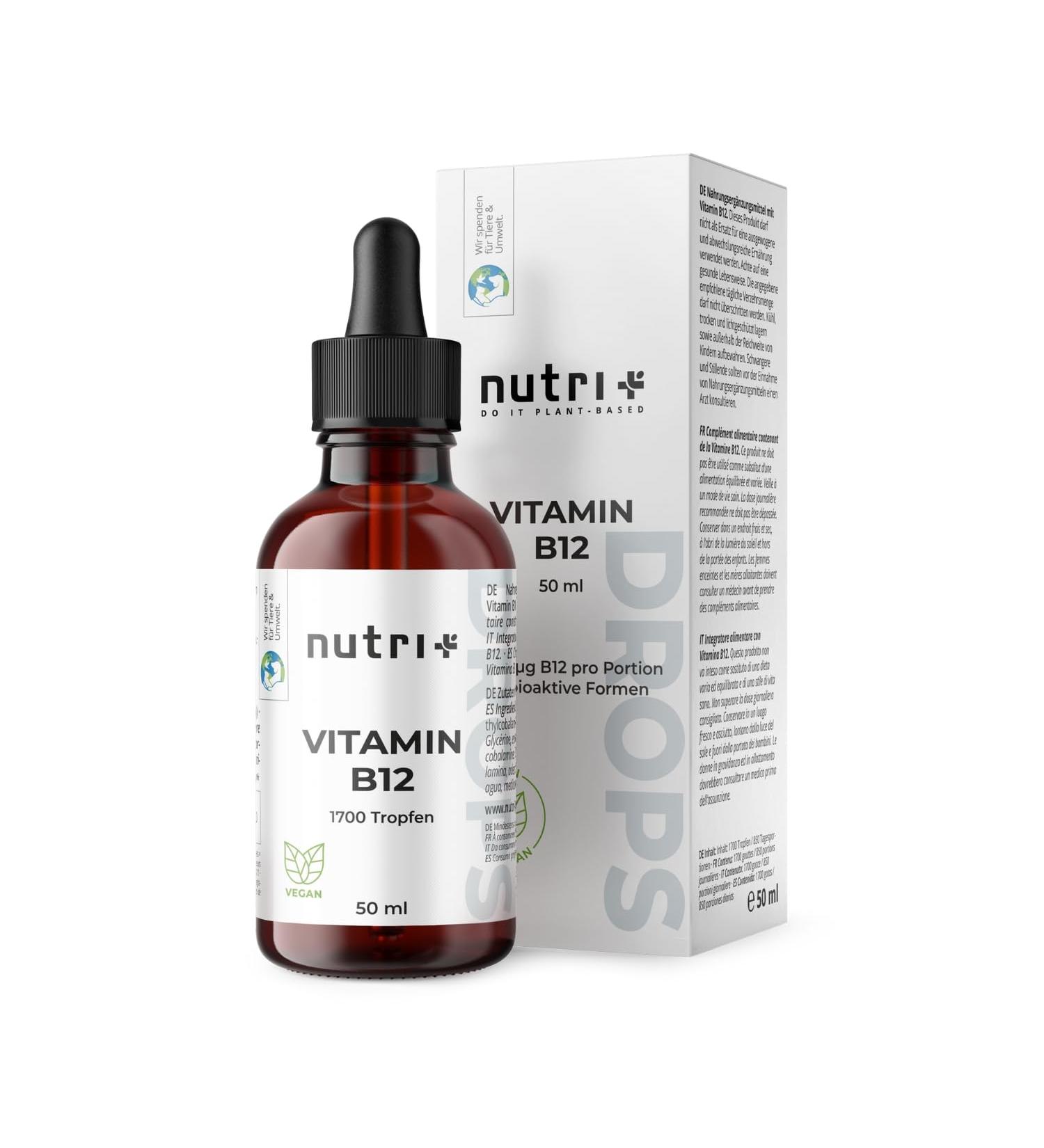 Nutri + Vitamin B12 drops 50 ml highly dosed + vegan - Vitamin B 12 liquid 500 g - Drops with methylcobalamin & bioactive ade - Buy Online on GoSupps.com