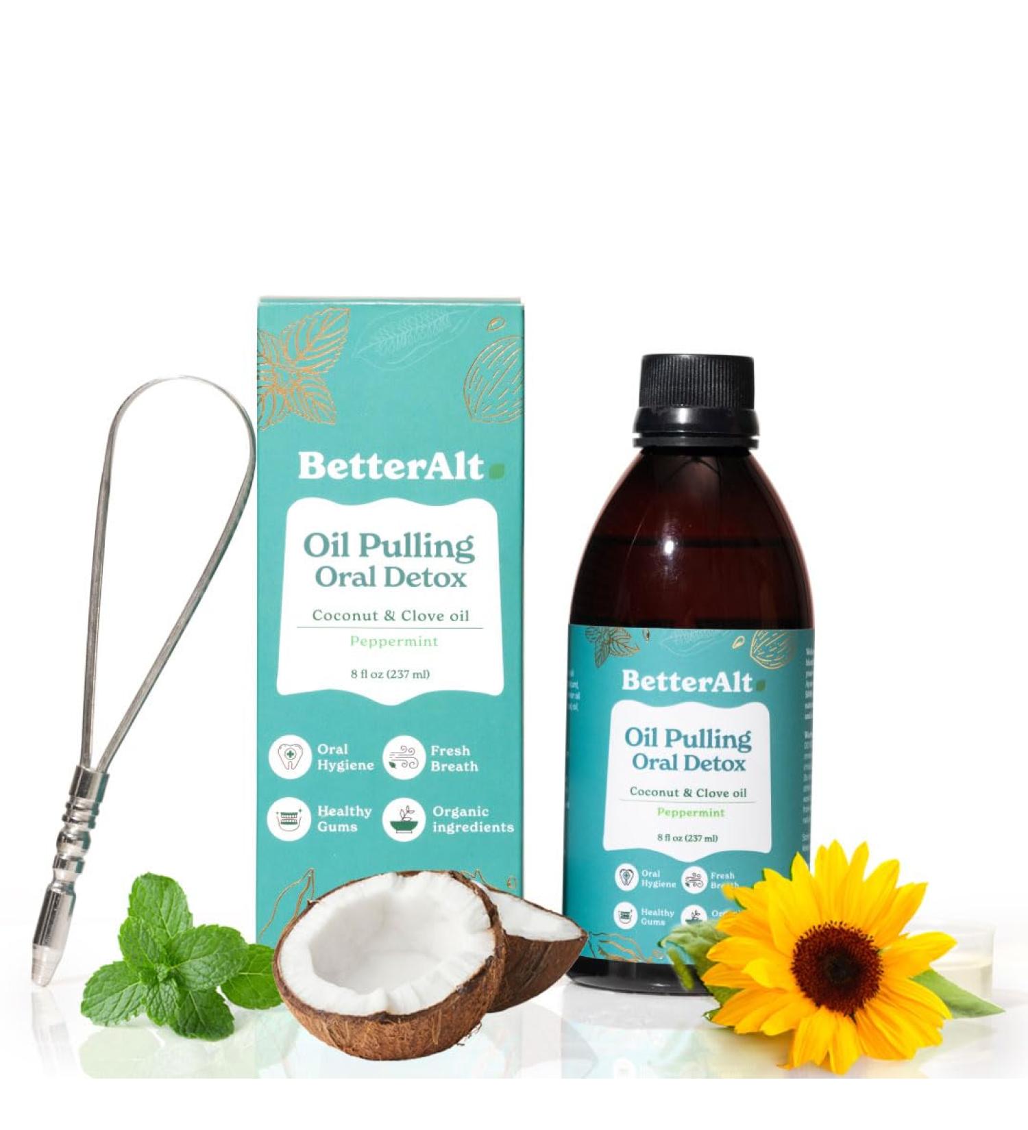Oil Pulling with Tongue Scraper | Natural Oral Care Teeth Whitening & Fresh Breath | Coconut & Clove Oil - 237 ml - Buy Online on GoSupps.com