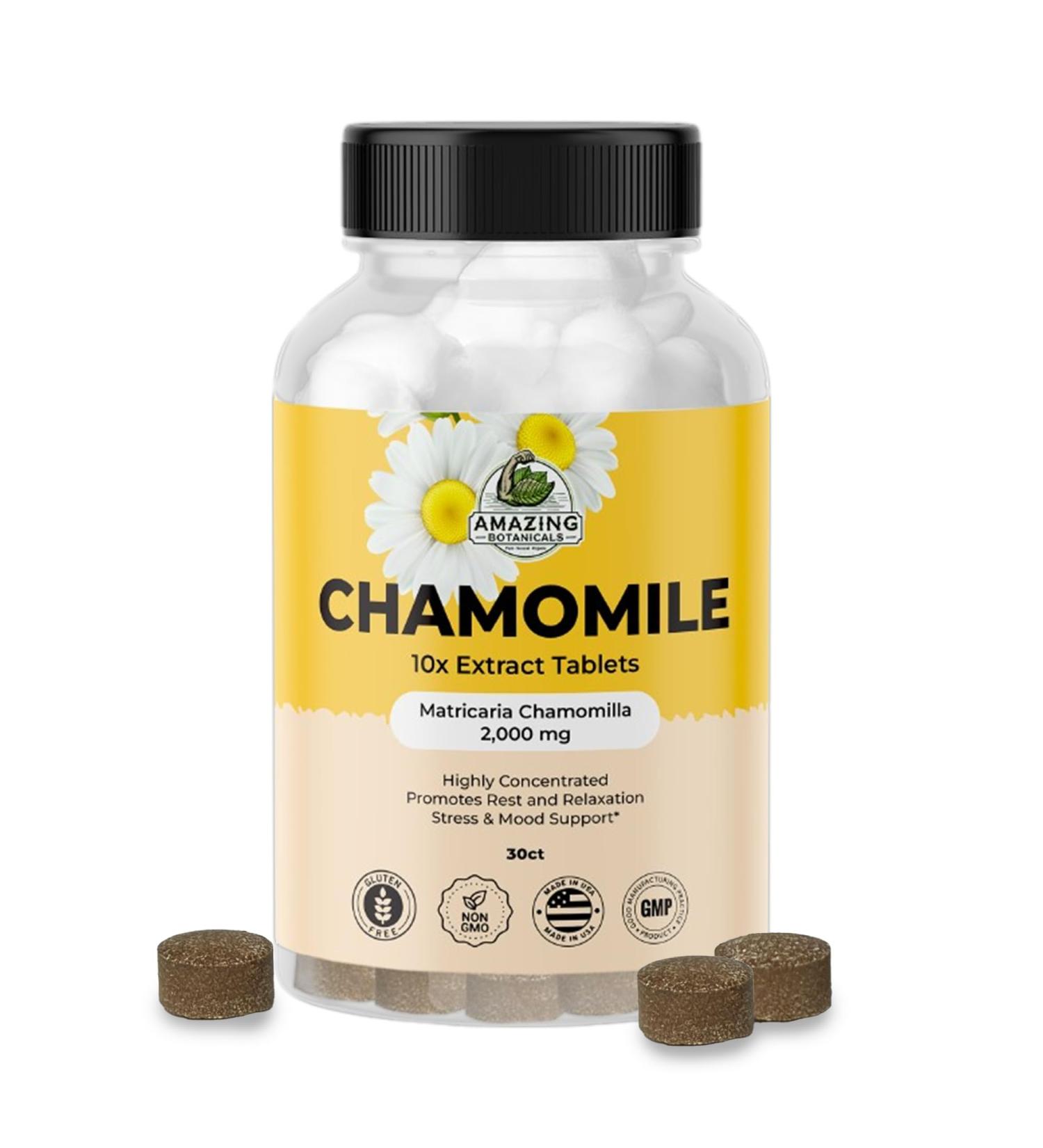 Amazing Botanicals Organic Chamomile Extract Tablets - Matricaria Chamomilla Plant-Based Supplement - 10x Extract 2000 MG Each - Promotes Relaxation - 30 Tablets - Buy Online on GoSupps.com